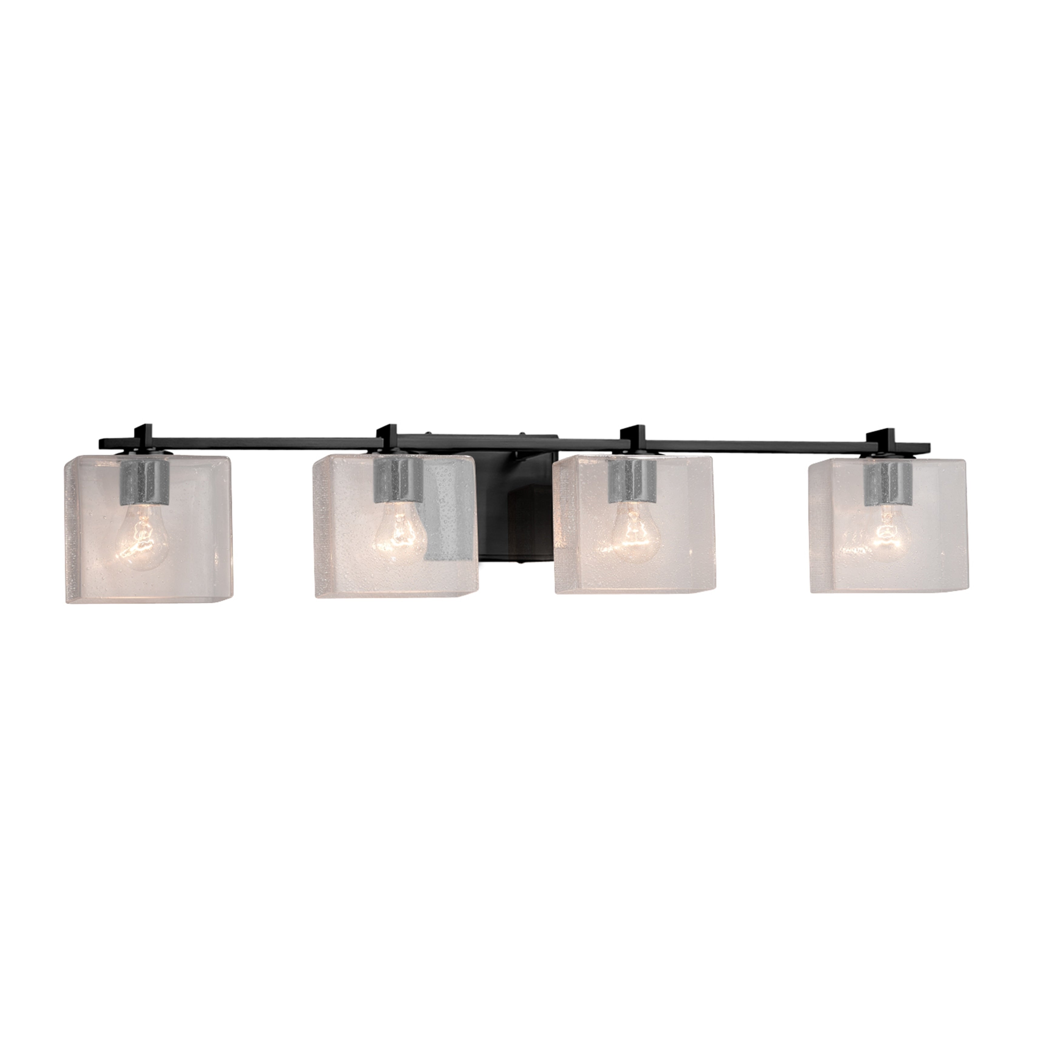Justice Design Group Fusion Era 4 Light Matte Black Bath Bar Seeded Rectangle Shade