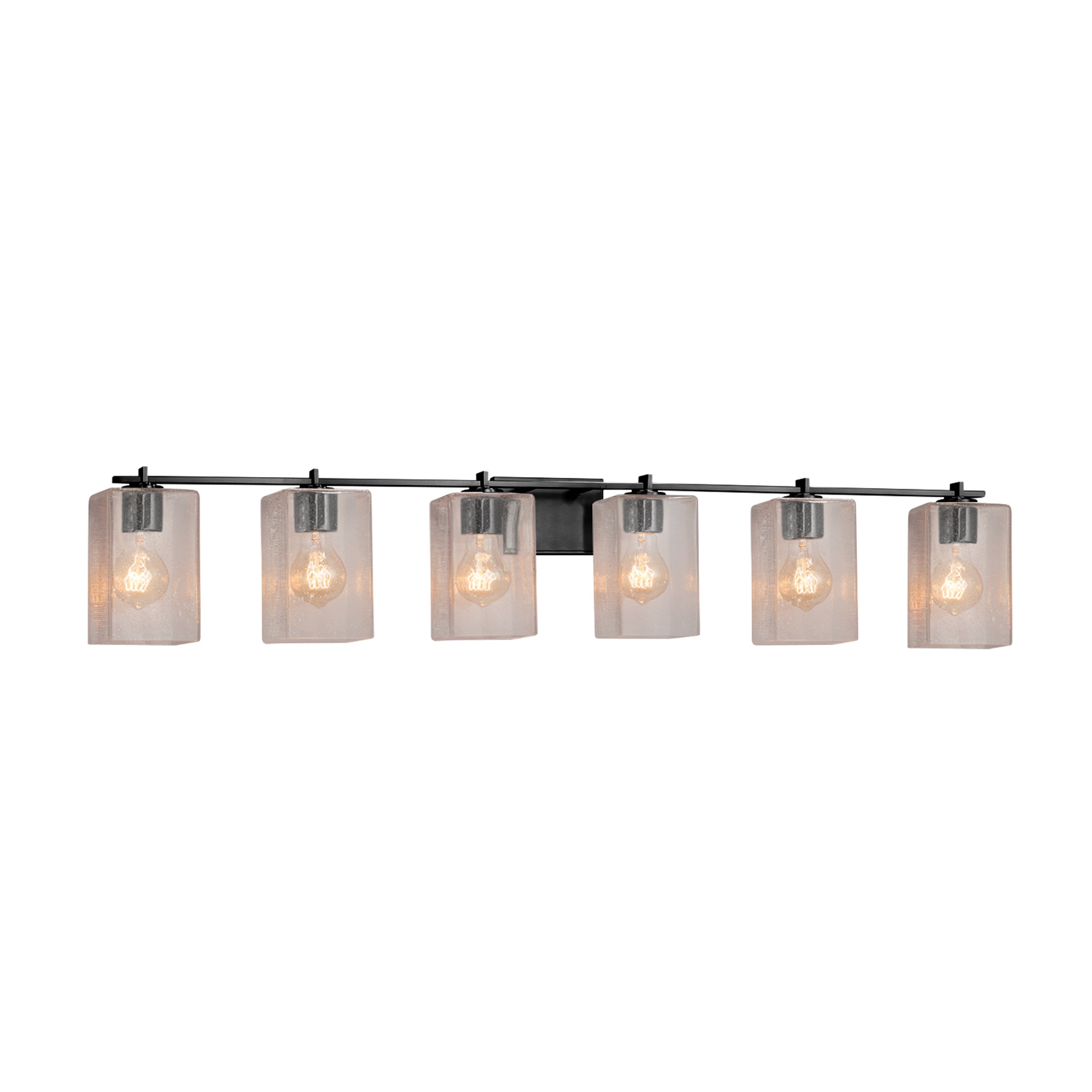 Justice Design Group Fusion Era 6 Light Matte Black Bath Bar Seeded Square W Flat Rim Shade
