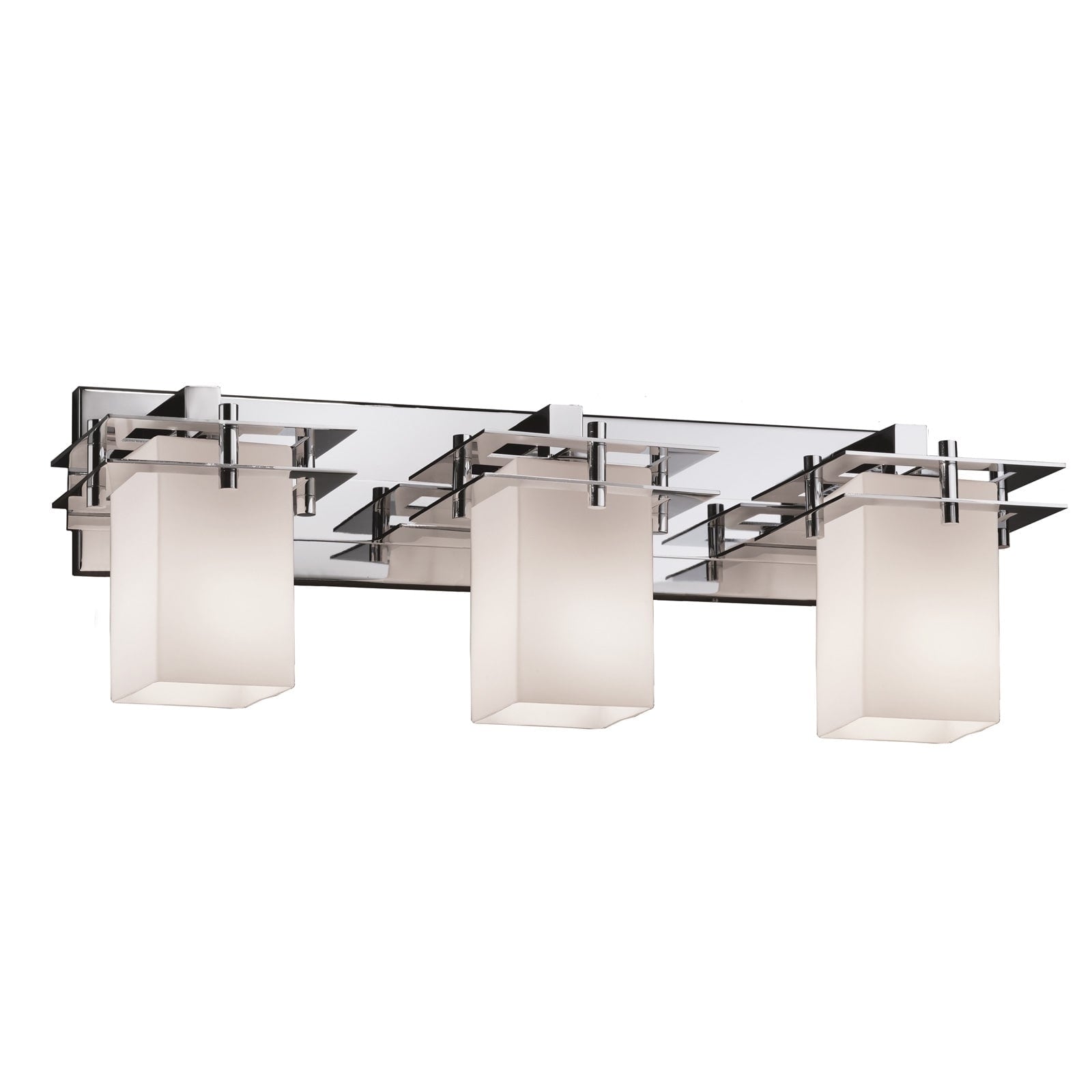 Justice Design Group Fusion Metropolis 3 Light Polished Chrome Bath Bar Opal Square Flat Rim Shade