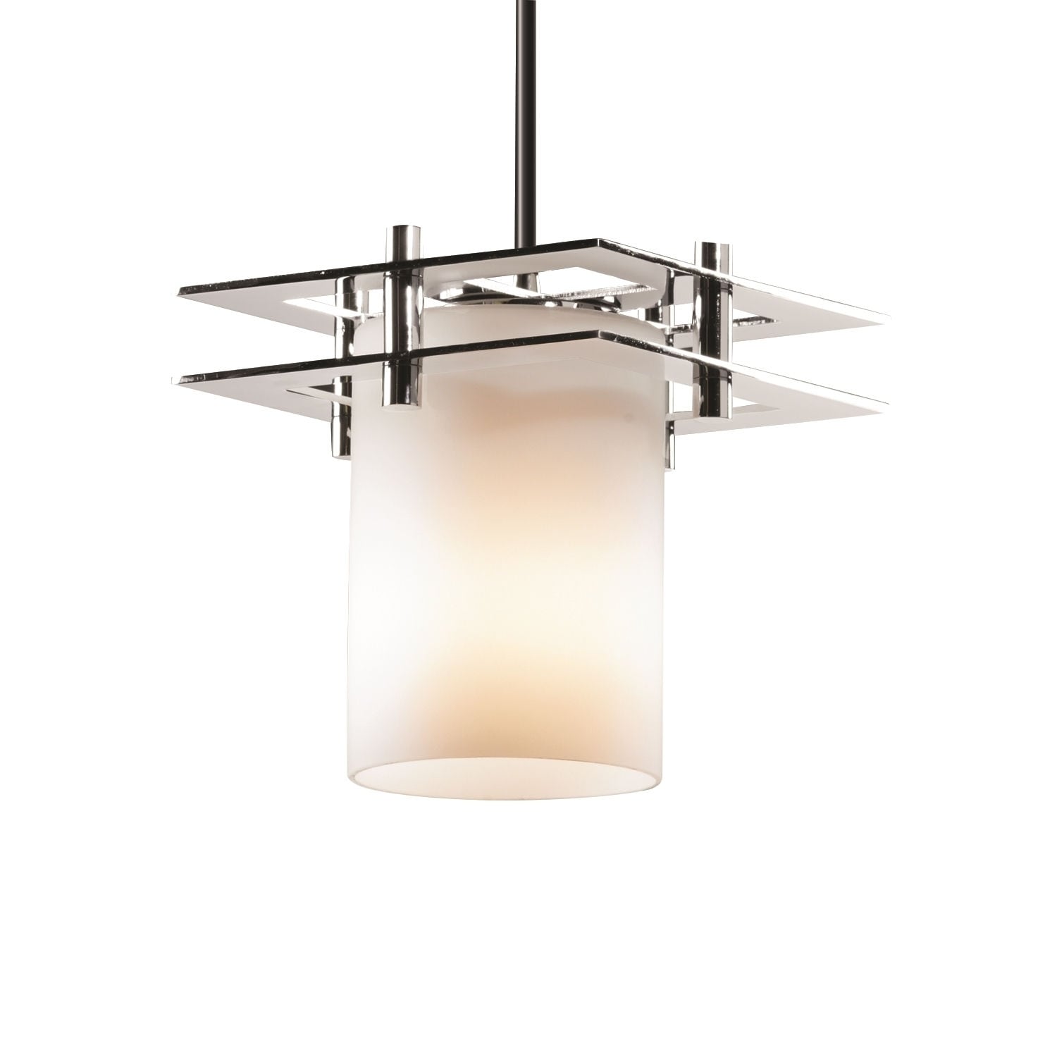 Justice Design Group Fusion Metropolis 1 Light Polished Chrome Pendant Opal Cylinder Flat Rim Shade