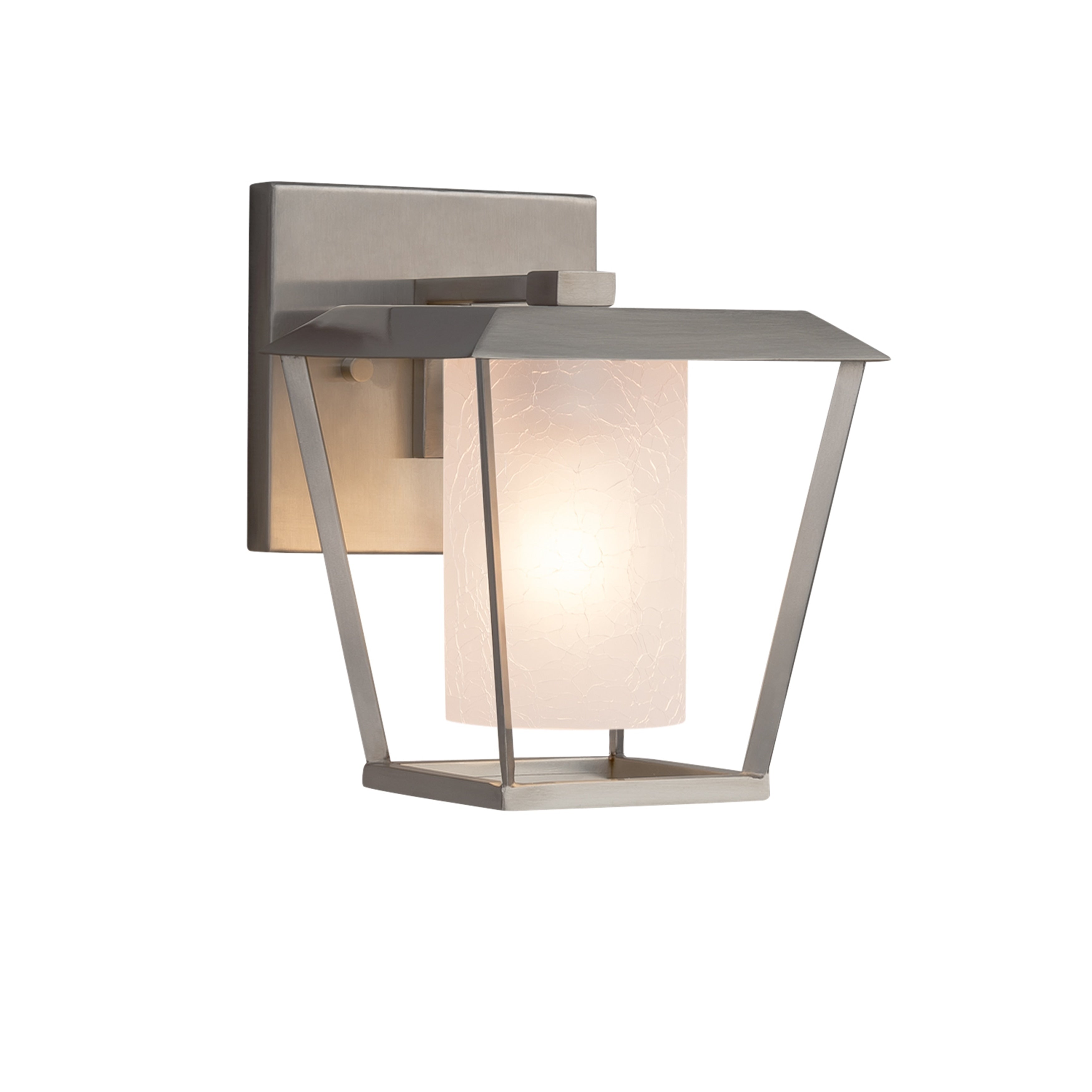 Justice Design Group Fusion Patina 1 Light Brushed Nickel Outdoor Wall Sconce Frosted Crackle Cylinder W Flat Rim Shade