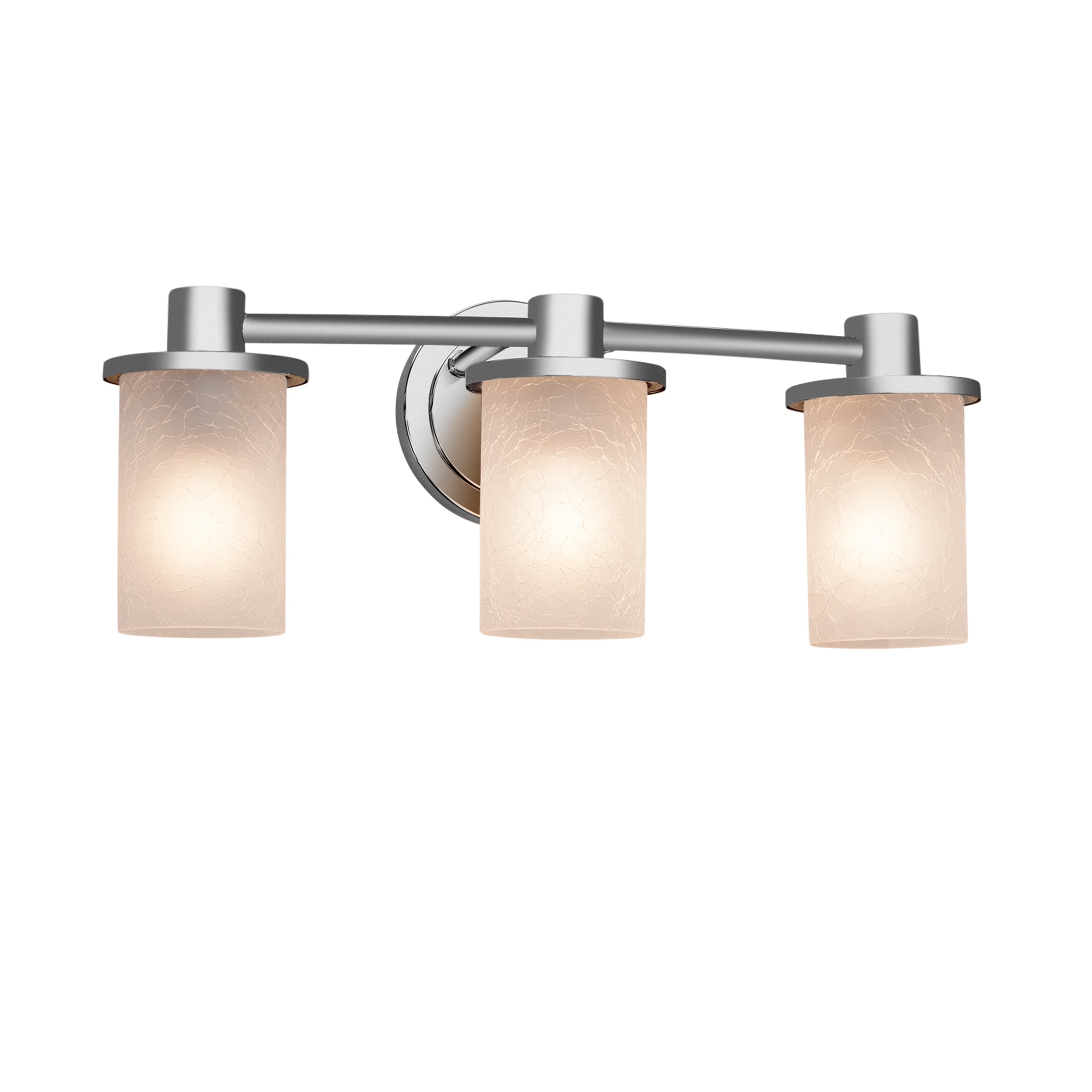 Justice Design Group Fusion Rondo 3 Light Brushed Nickel Bath Bar Frosted Crackle Cylinder W Flat Rim Shade