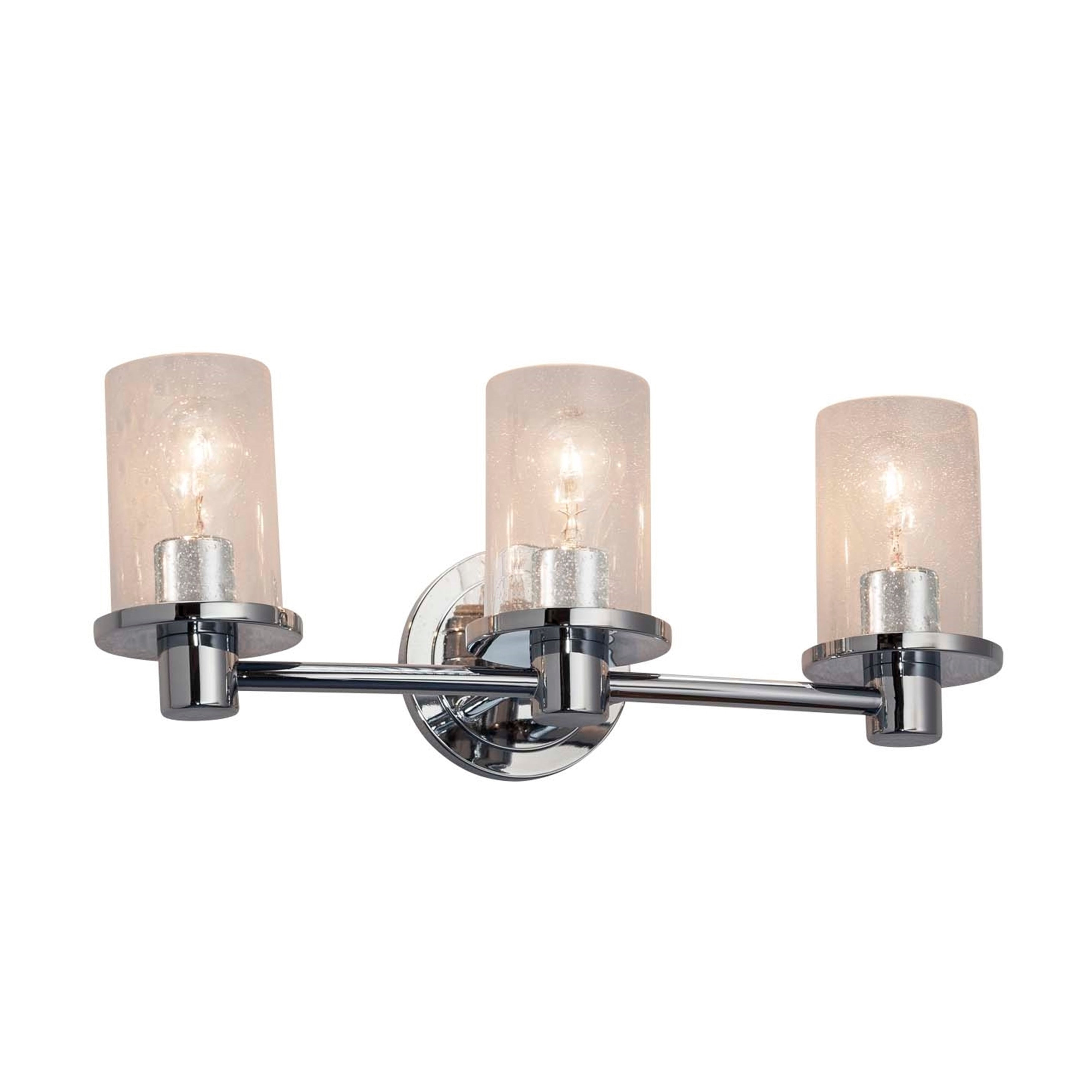 Justice Design Group Fusion Rondo 3 Light Polished Chrome Bath Bar Seeded Cylinder W Flat Rim Shade