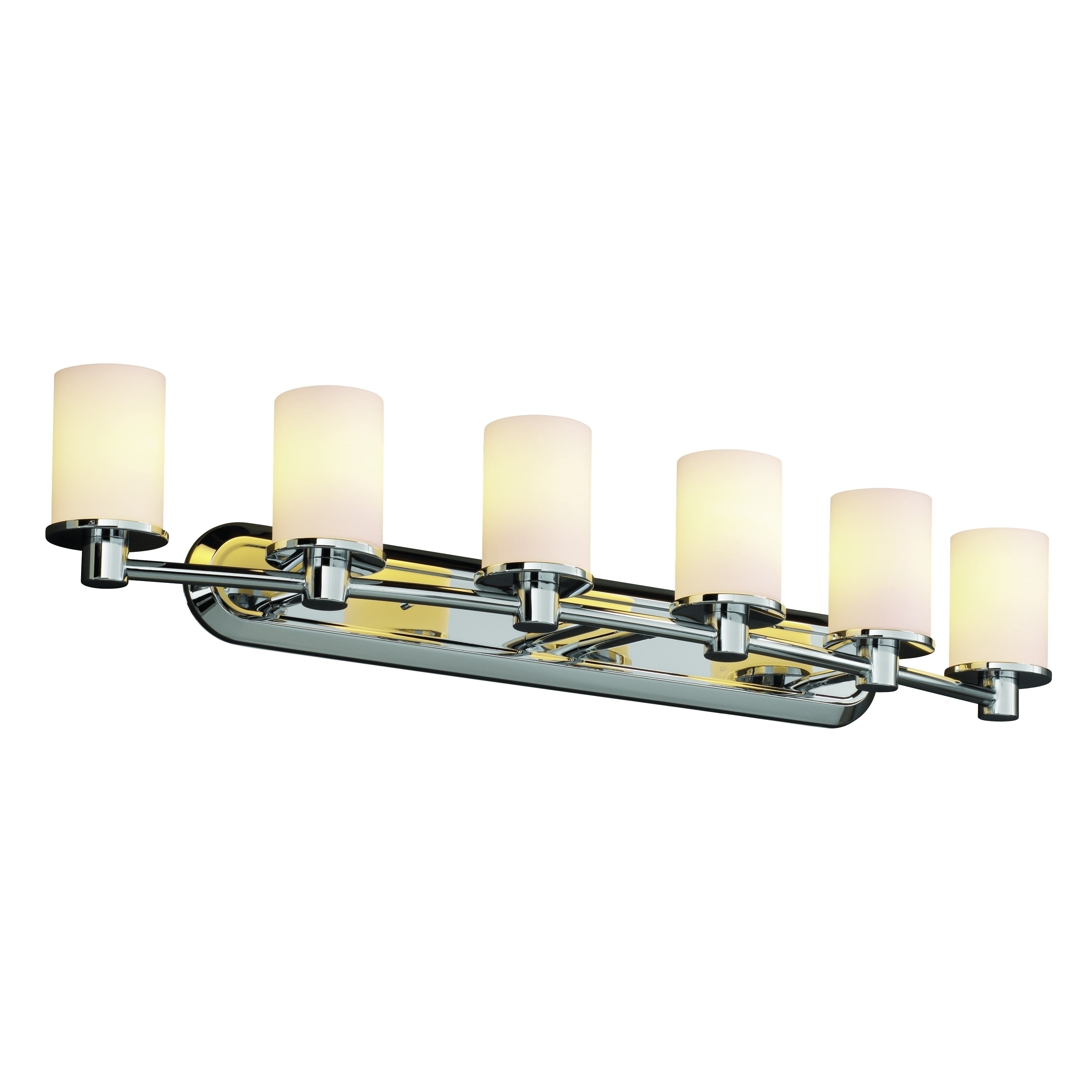 Justice Design Group Fusion Rondo 6 Light Polished Chrome Bath Bar Opal Cylinder Flat Rim Shade
