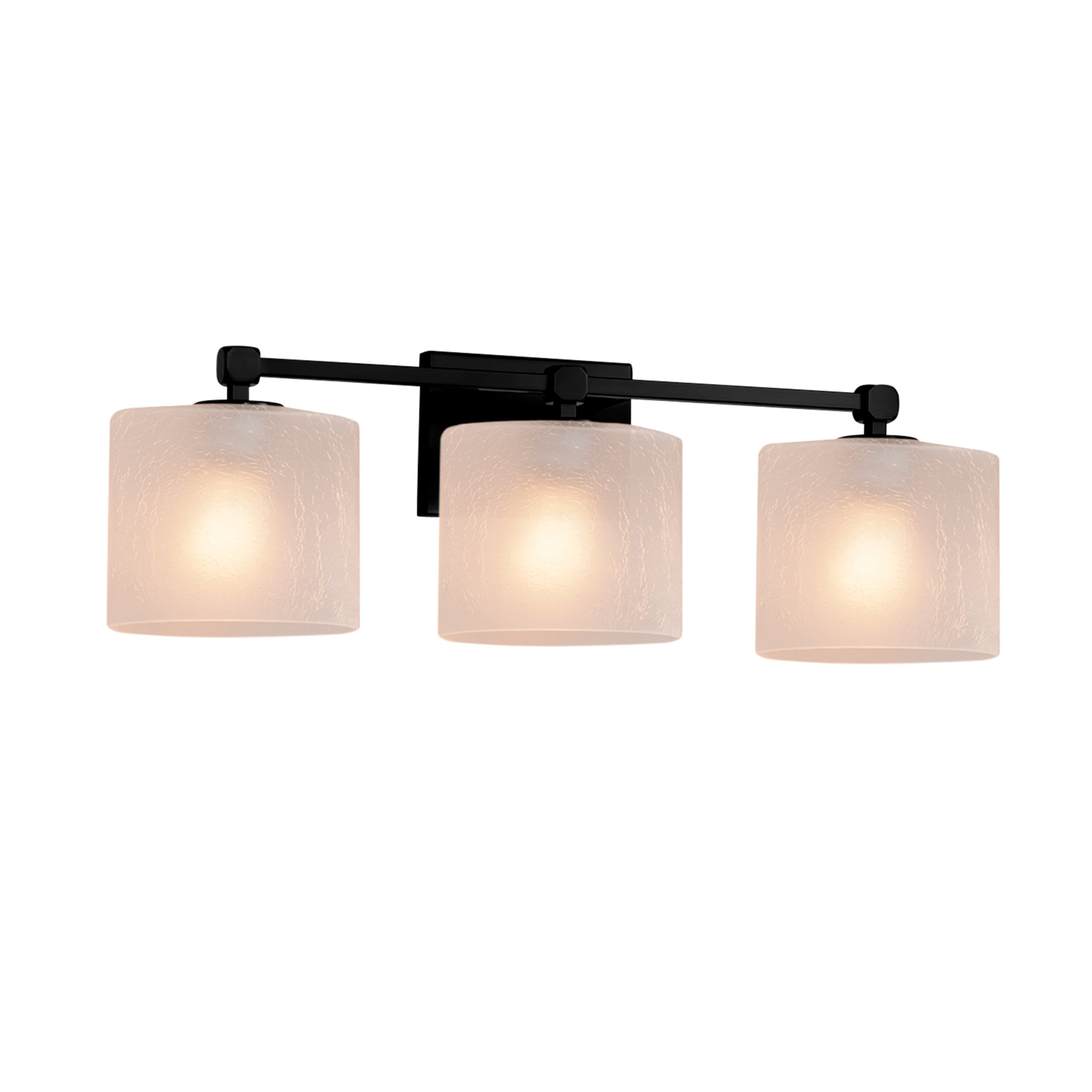 Justice Design Group Fusion Tetra 3 Light Matte Black Bath Bar Frosted Crackle Oval Shade