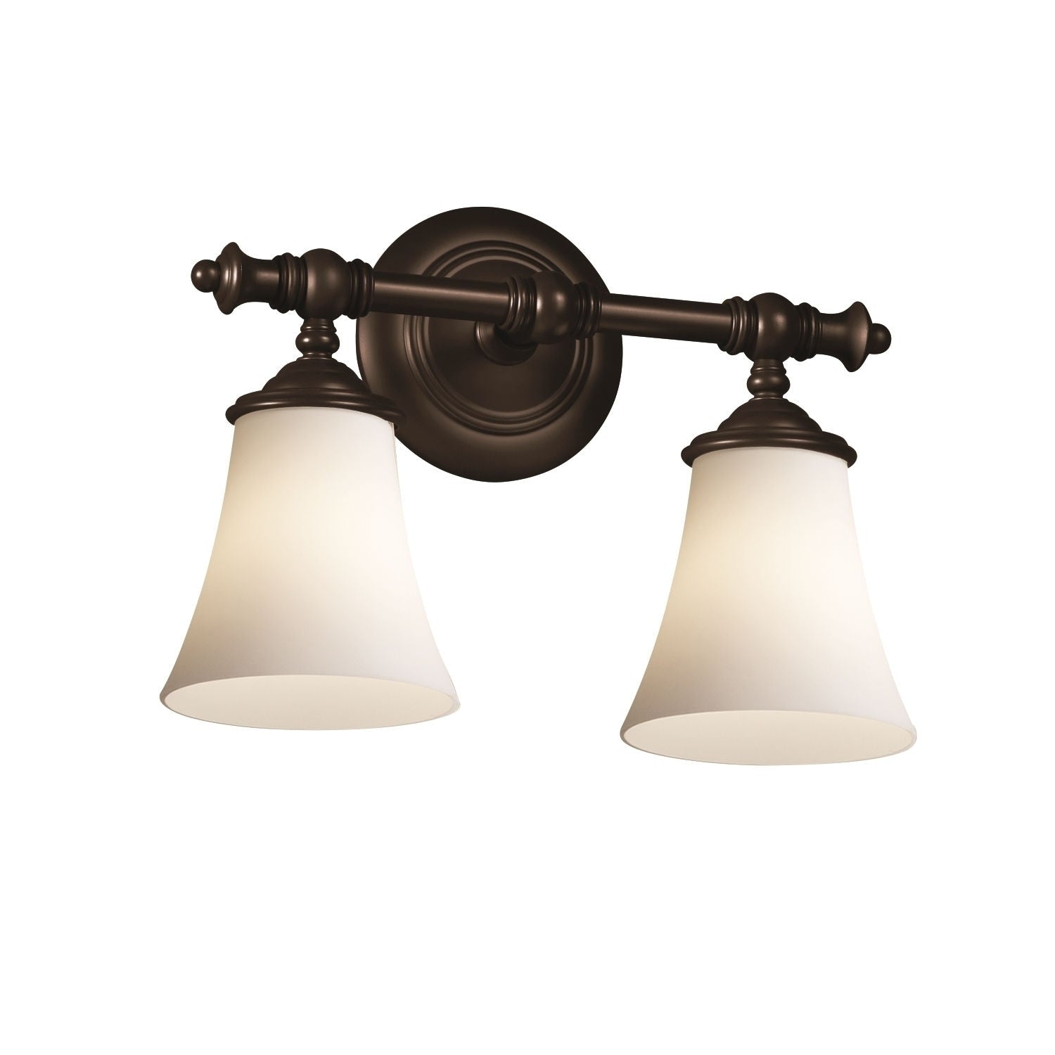 Justice Design Group Fusion Tradition 2 Light Dark Bronze Bath Bar Opal Round Flared Shade