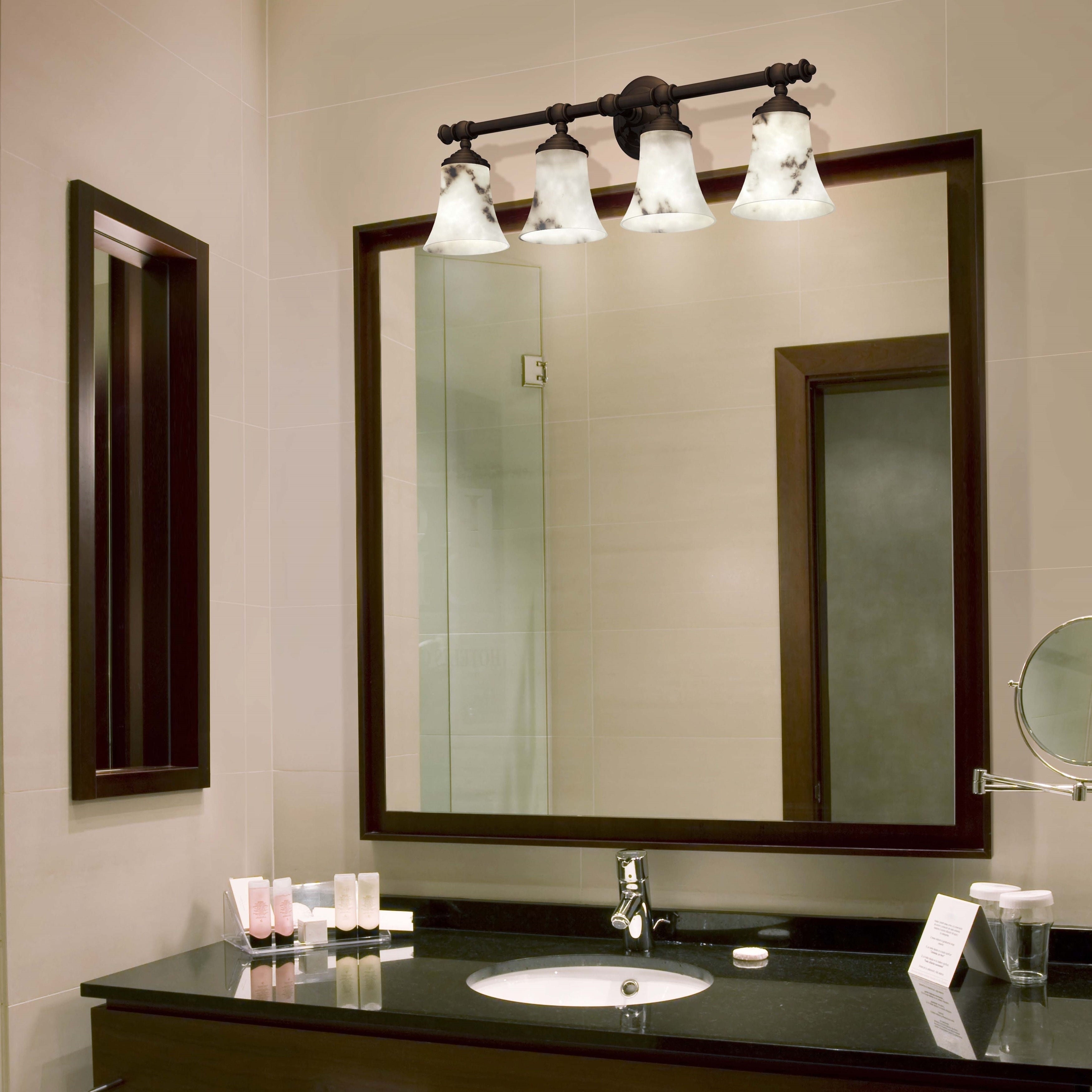 Justice Design Group Lumenaria Tradition 4 Light Dark Bronze Bath Bar Faux Alabaster Round Flared Shade