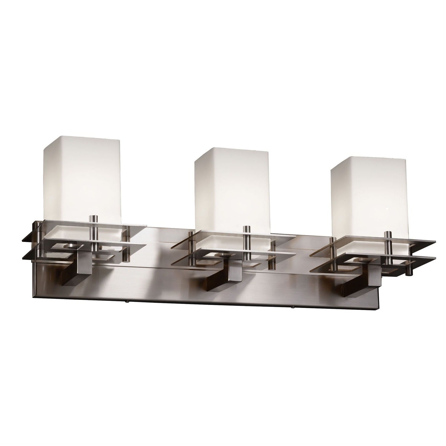 Justice Design Group Fusion Metropolis 3 Light Brushed Nickel Bath Bar Opal Square Flat Rim Shade