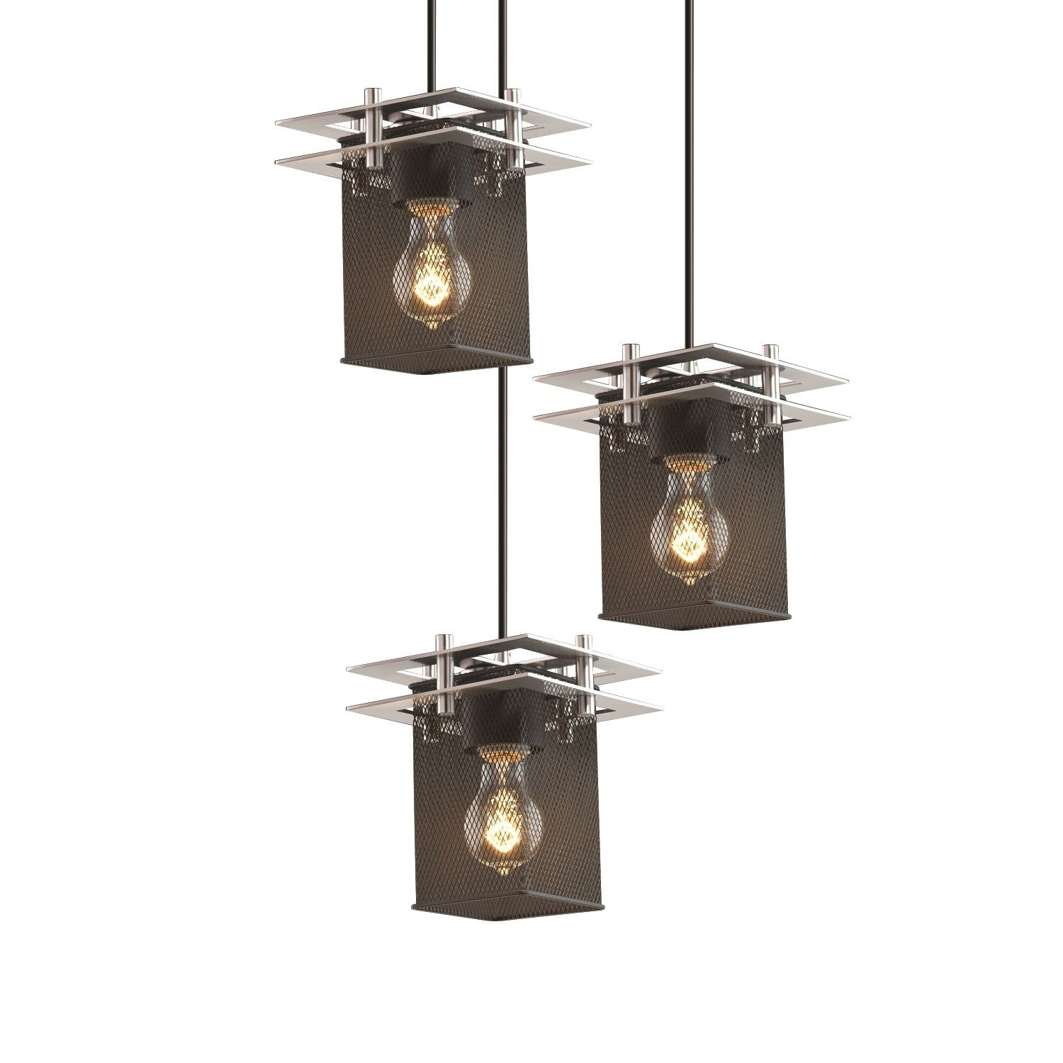 Justice Design Group Wire Mesh Metropolis 3 Light Polished Chrome Pendant Wire Mesh Square Flat Rim Shade