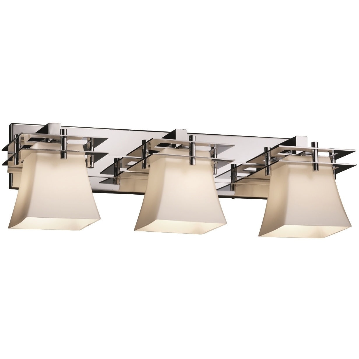 Justice Design Group Fusion Metropolis 3 Light Polished Chrome Bath Bar Opal Square Flared Shade