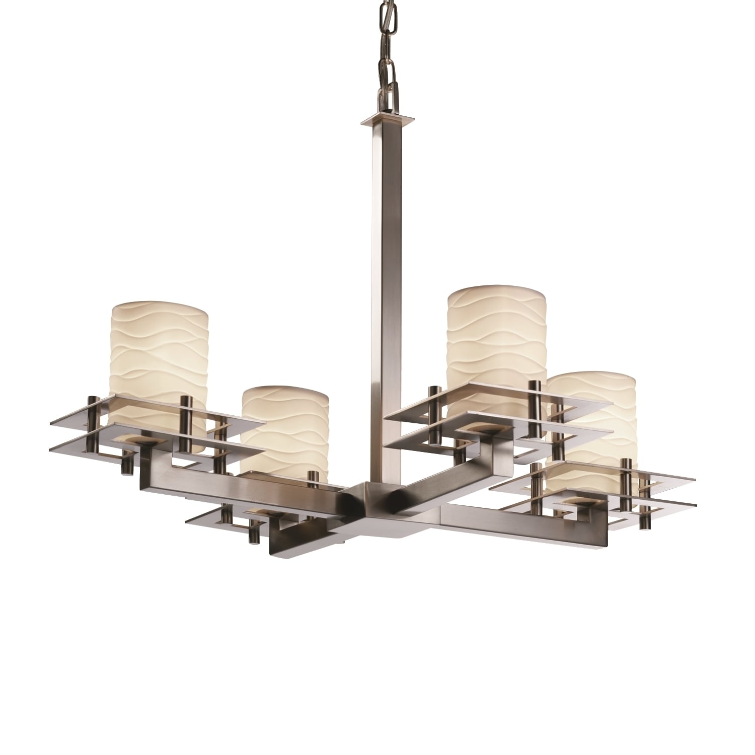 Justice Design Group Limoges Metropolis 4 Light Brushed Nickel Chandelier Waves Cylinder Flat Rim Shade