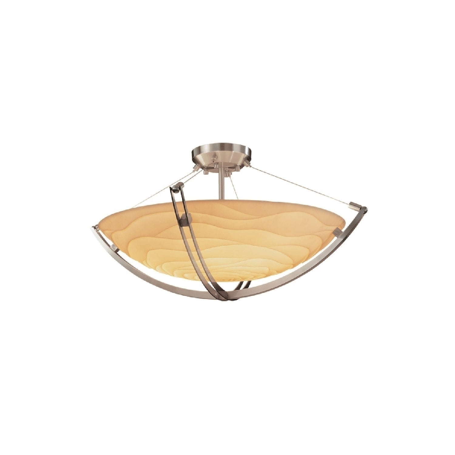 Justice Design Group Porcelina Crossbar 3 Light Brushed Nickel Round Bowl Semi Flush Waves Shade