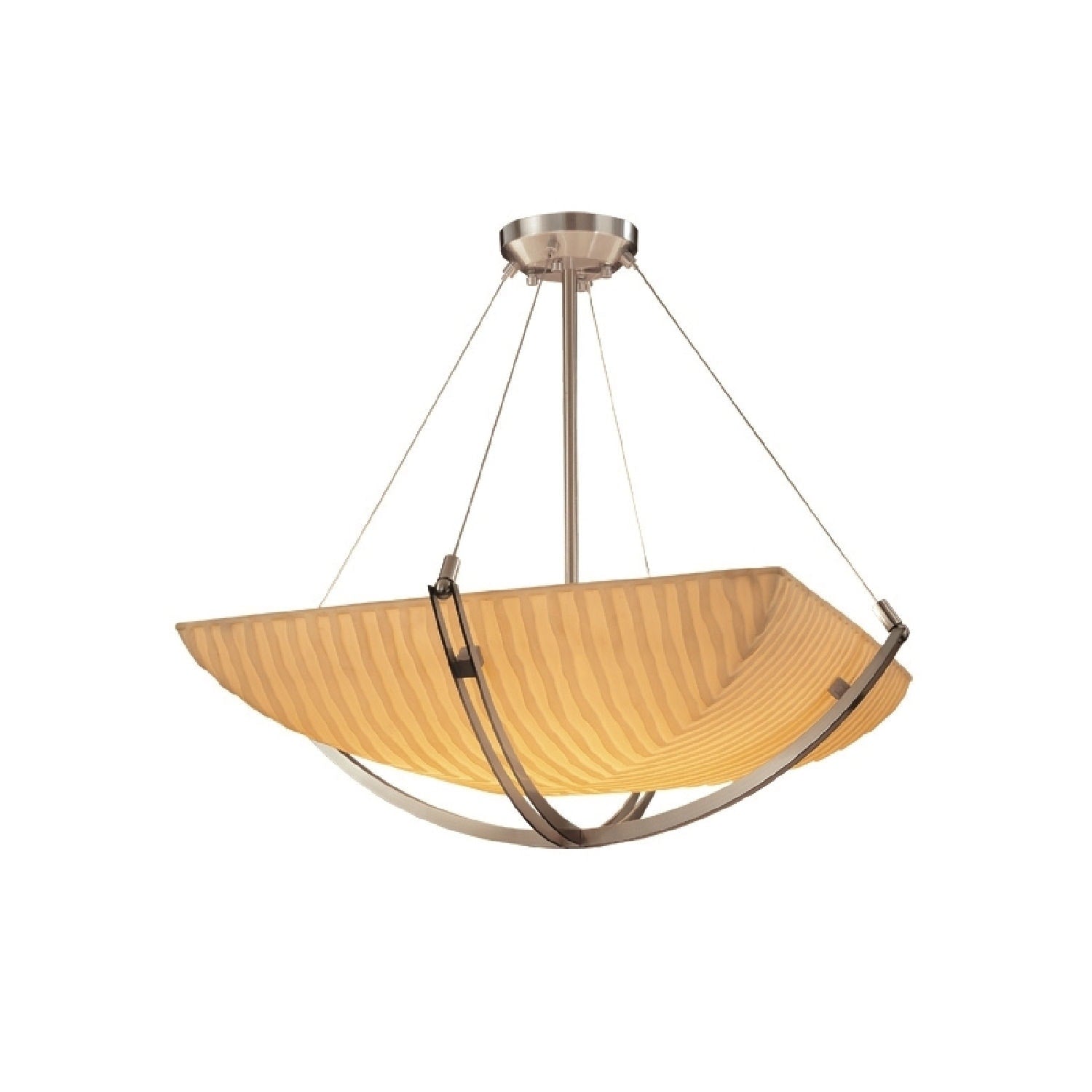 Justice Design Group Porcelina Crossbar 3 Light Brushed Nickel Square Bowl Pendant Waterfall Shade