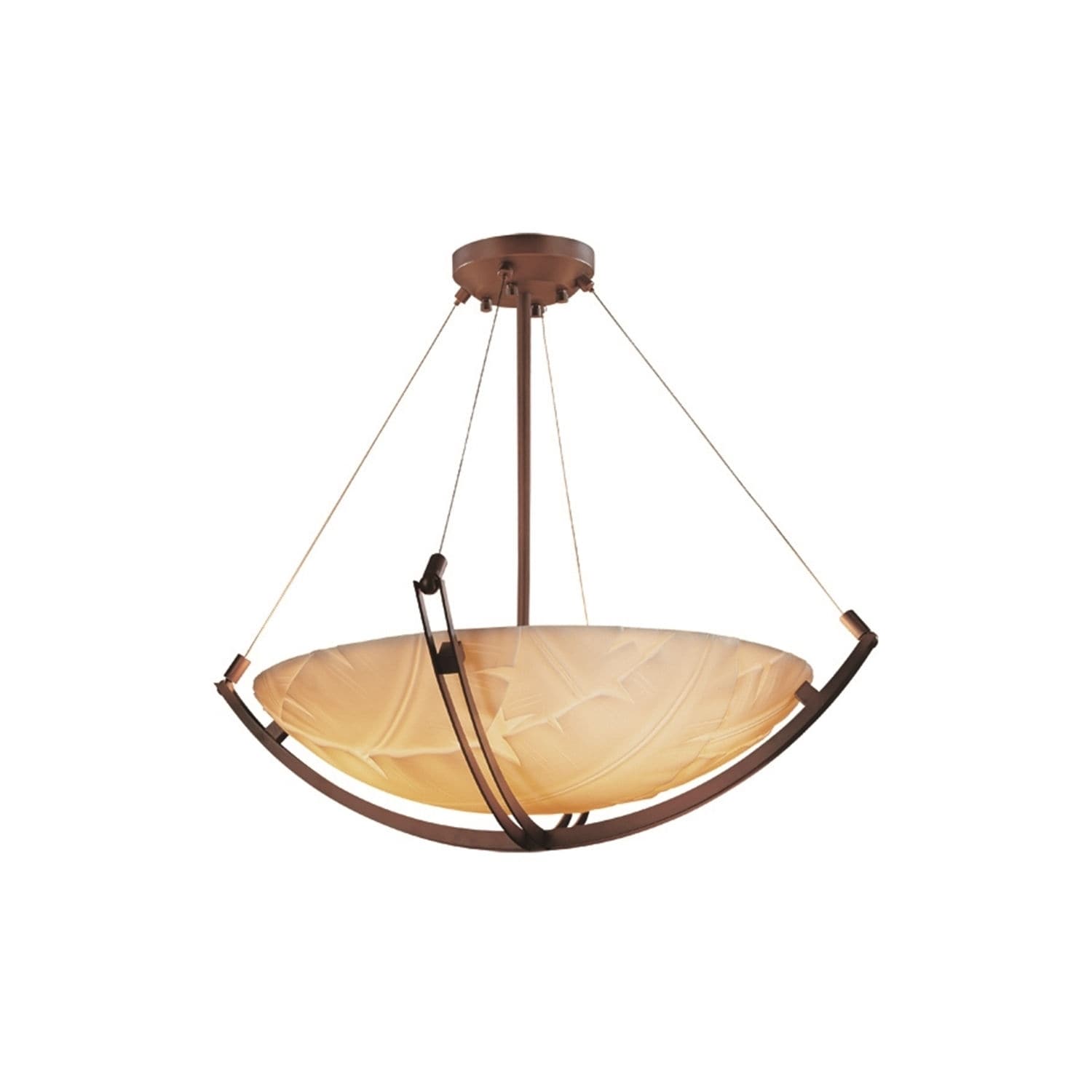 Justice Design Group Porcelina Crossbar 3 Light Dark Bronze Round Bowl Pendant Banana Leaf Shade