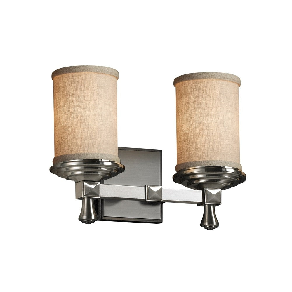Justice Design Group Textile Deco 2 Light Brushed Nickel Bath Bar Cream Cylinder Flat Rim Shade