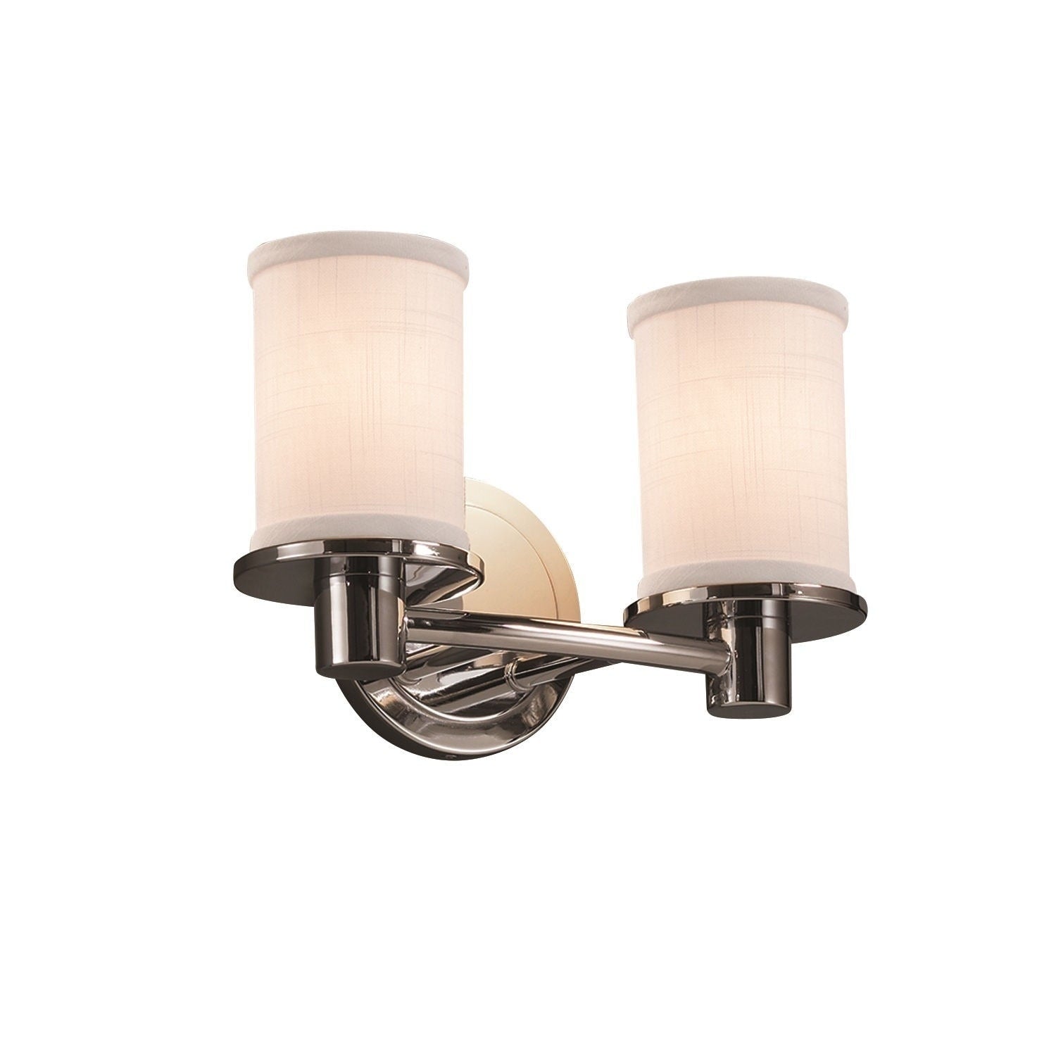 Justice Design Group Textile Rondo 2 Light Polished Chrome Bath Bar White Cylinder Flat Rim Shade