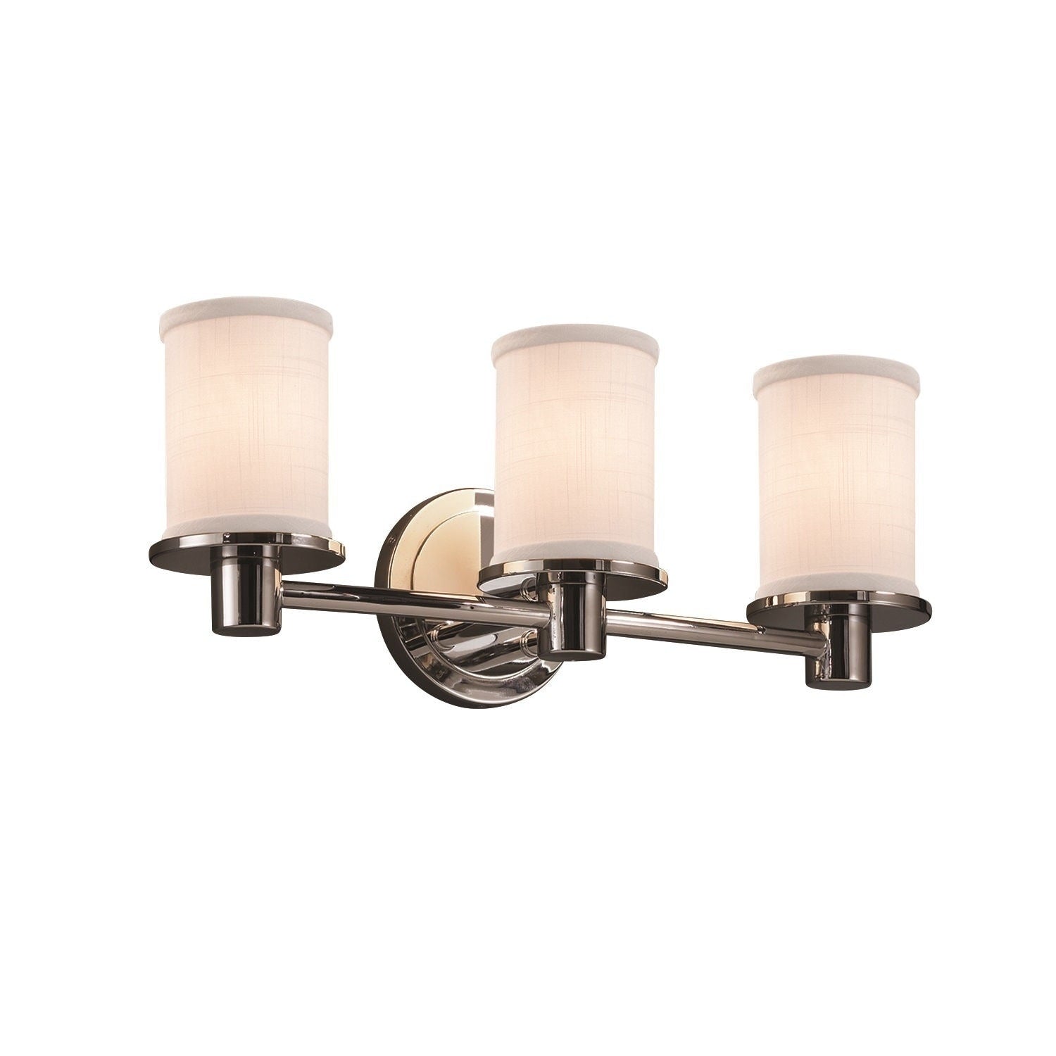 Justice Design Group Textile Rondo 3 Light Polished Chrome Bath Bar White Cylinder Flat Rim Shade