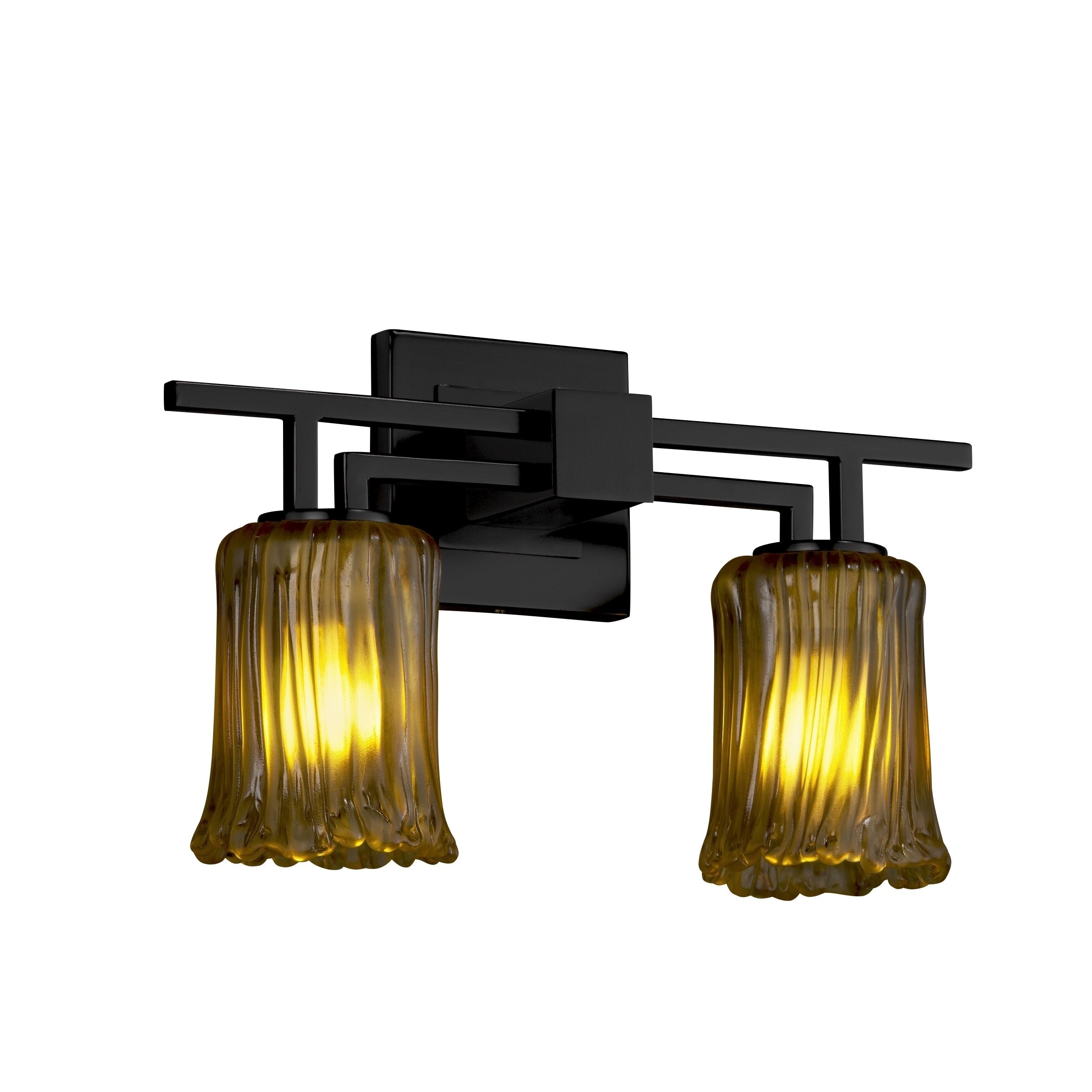 Justice Design Group Veneto Luce Aero 2 Light Matte Black Bath Bar Amber Cylinder Rippled Rim Shade