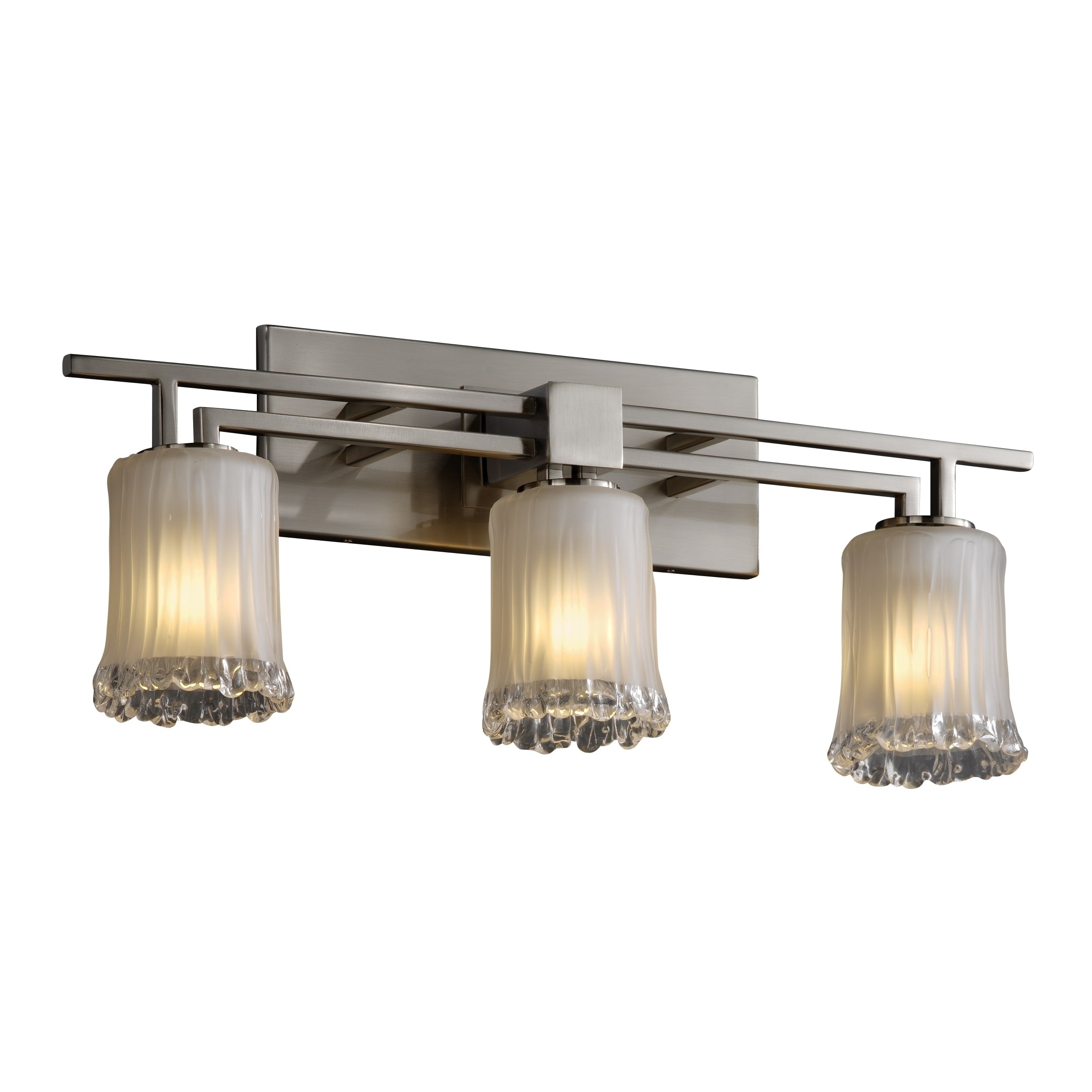 Justice Design Group Veneto Luce Aero 3 Light Brushed Nickel Bath Bar White Frosted Cylinder Rippled Rim Shade