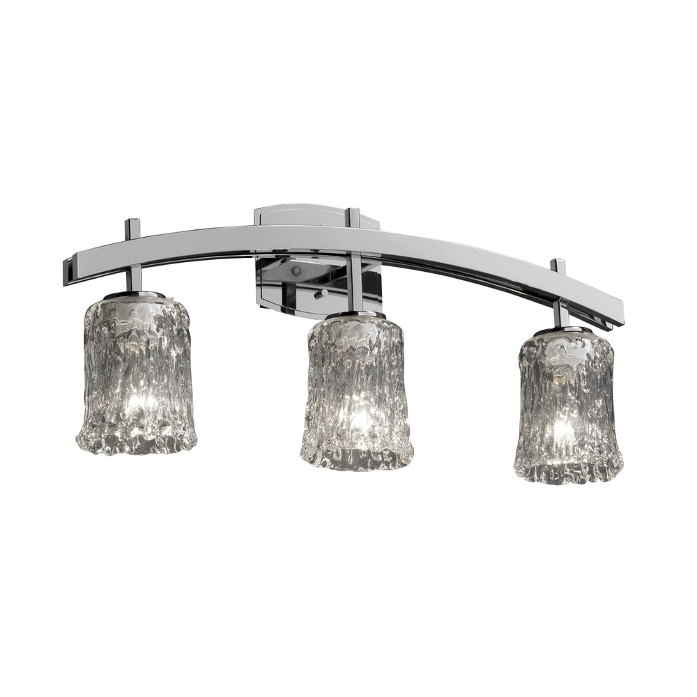 Justice Design Group Veneto Luce Archway 3 Light Polished Chrome Bath Bar Clear Textured Cylinder Rippled Rim Shade