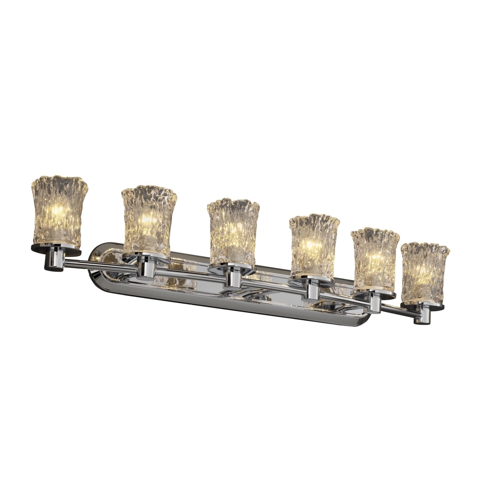 Justice Design Group Veneto Luce Rondo 6 Light Polished Chrome Bath Bar Clear Textured Cylinder Rippled Rim Shade