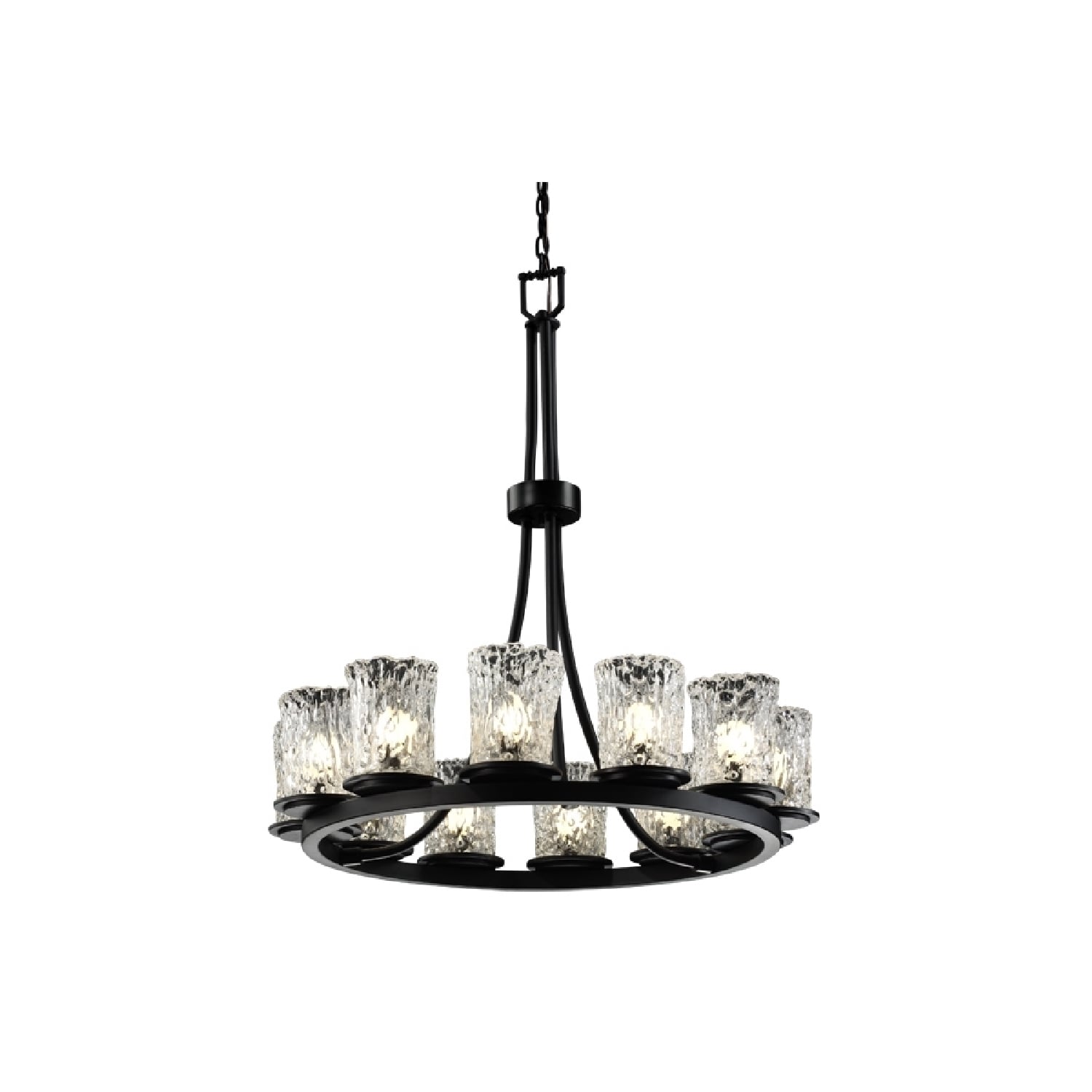 Justice Design Group Veneto Luce Dakota 12 Light Matte Black Chandelier Tall Clear Textured Cylinder Rippled Rim Shade