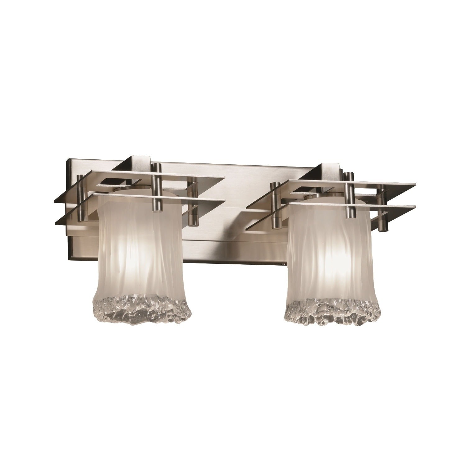 Justice Design Group Veneto Luce Metropolis 2 Light Brushed Nickel Bath Bar White Frosted Cylinder Rippled Rim Shade
