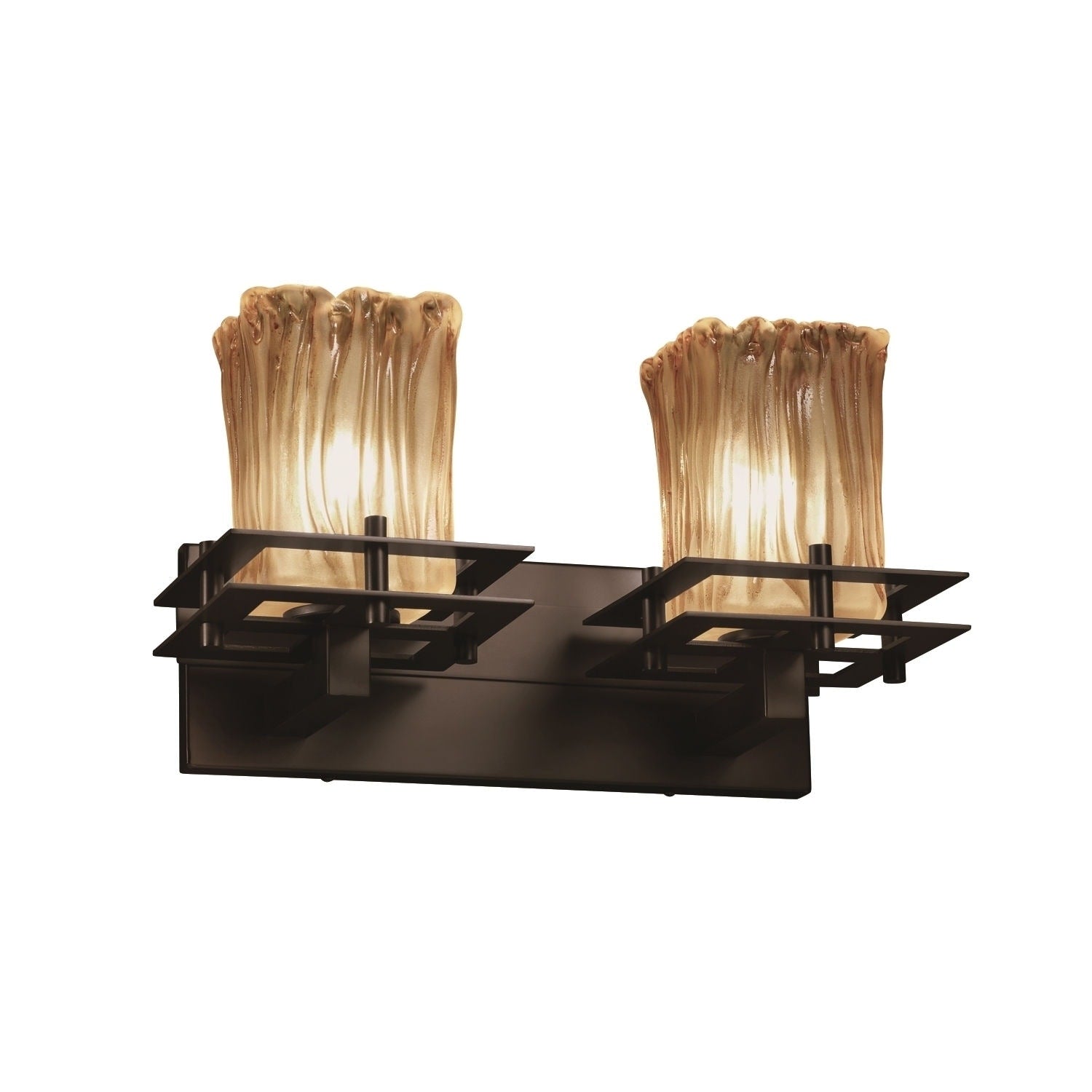 Justice Design Group Veneto Luce Metropolis 2 Light Dark Bronze Bath Bar Amber Square Rippled Rim Shade