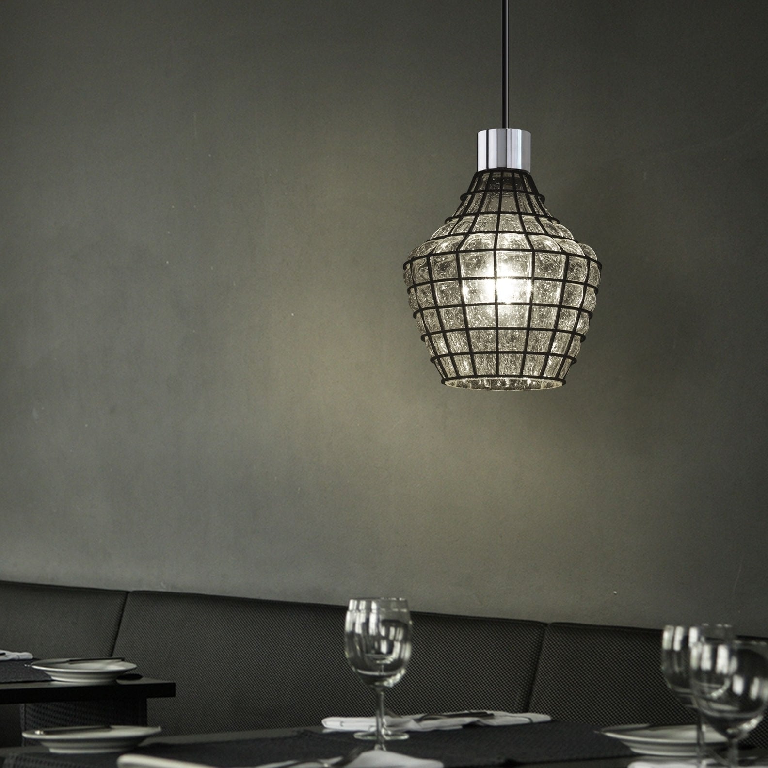 Justice Design Group Wire Glass 1 Light Polished Chrome Pendant Grid With Clear Bubbles Shade