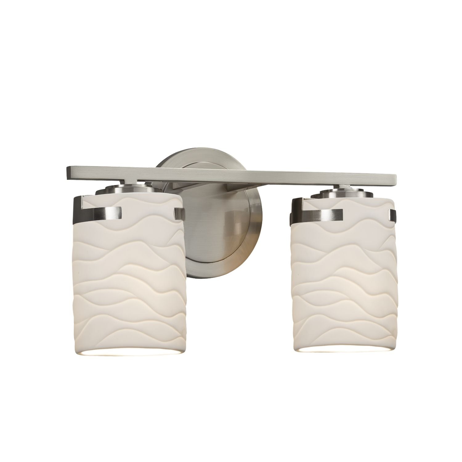 Justice Design Group Limoges Atlas 2 Light Brushed Nickel Bath Bar Waves Cylinder Flat Rim Shade
