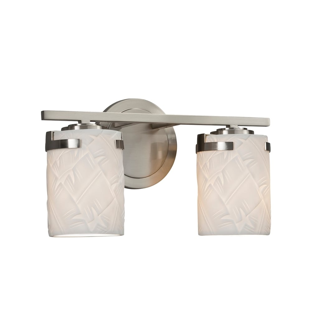Justice Design Group Limoges Atlas 2 Light Brushed Nickel Bath Bar Banana Leaf Cylinder Flat Rim Shade
