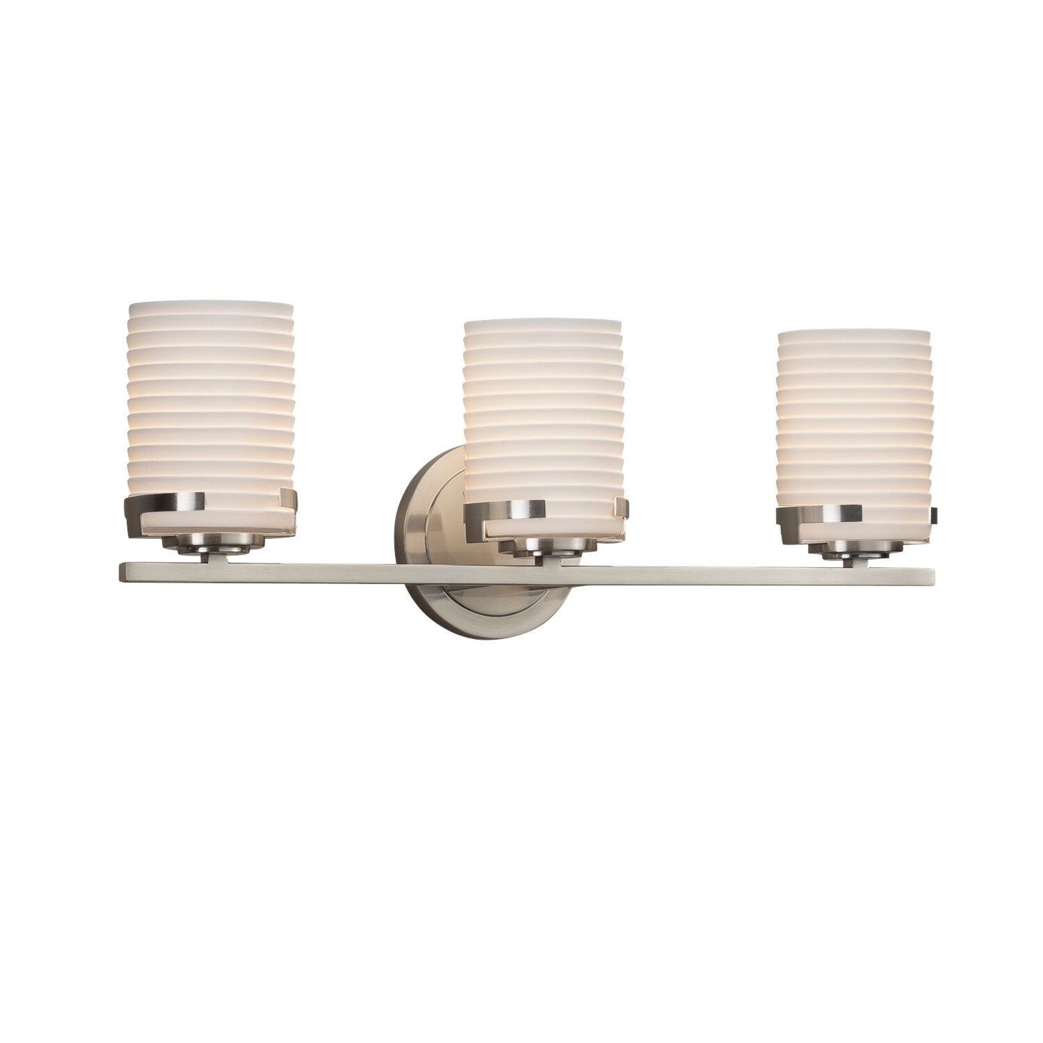Justice Design Group Limoges Atlas 3 Light Brushed Nickel Bath Bar Sawtooth Cylinder Flat Rim Shade