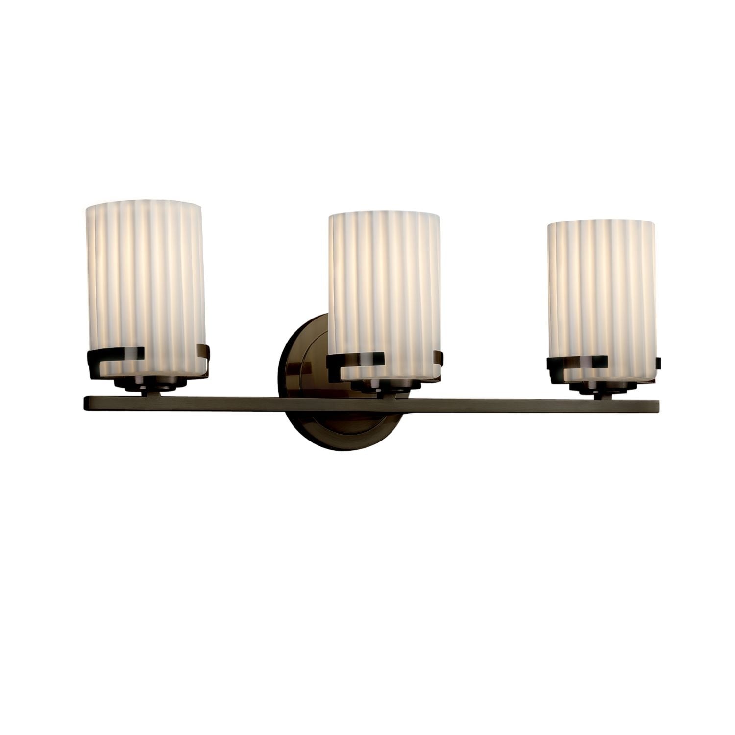 Justice Design Group Limoges Atlas 3 Light Dark Bronze Bath Bar Pleats Cylinder Flat Rim Shade
