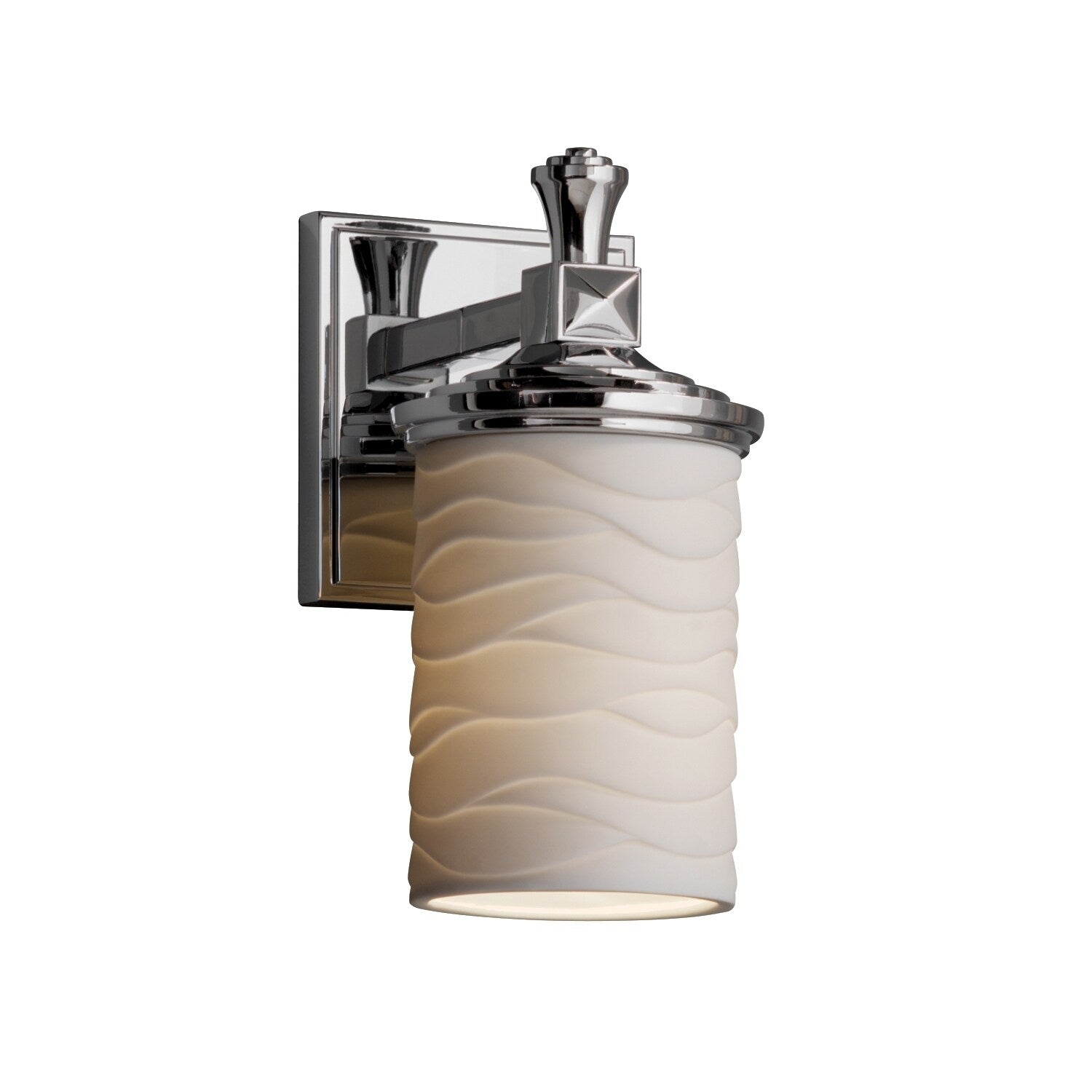 Justice Design Group Limoges Deco 1 Light Polished Chrome Wall Sconce Waves Cylinder Flat Rim Shade