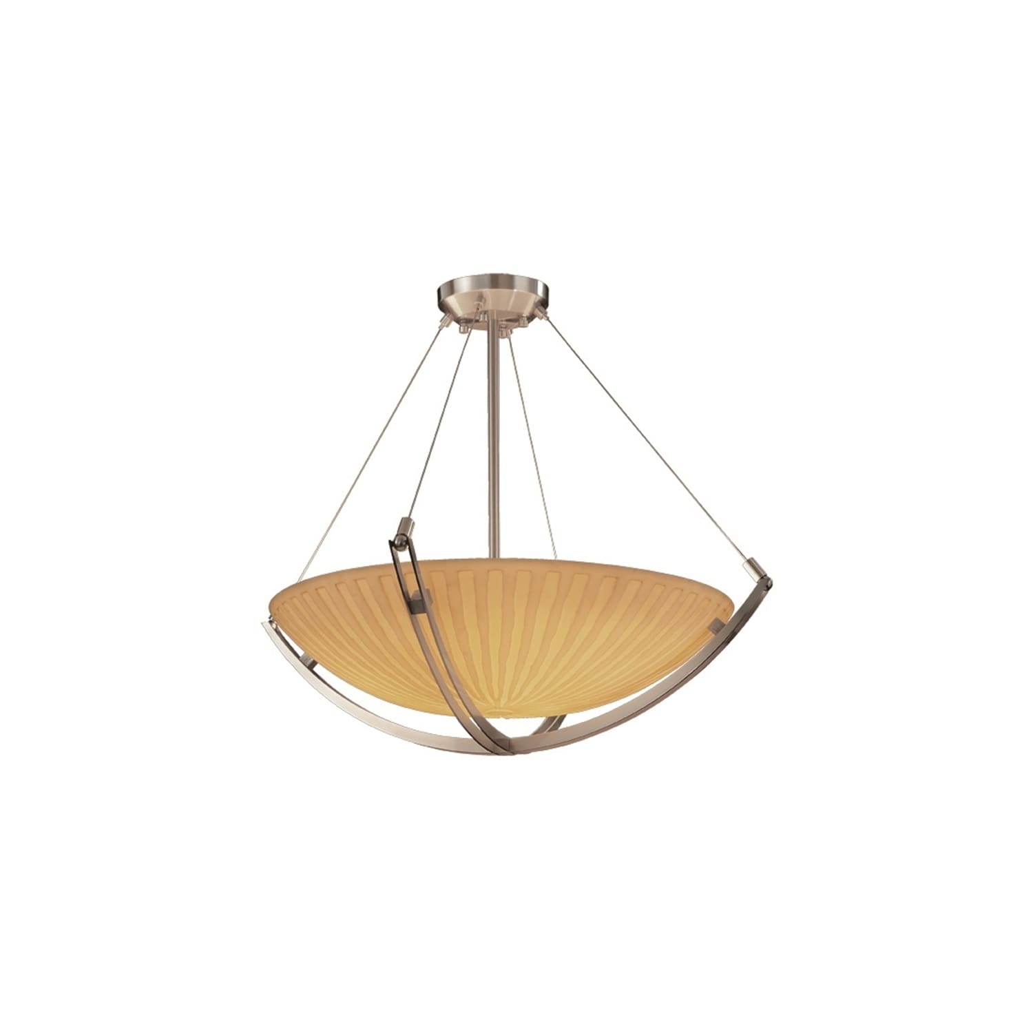 Justice Design Porcelina Crossbar Brushed Nickel 6 Light Pendant Waterfall Round Bowl Shade Silver