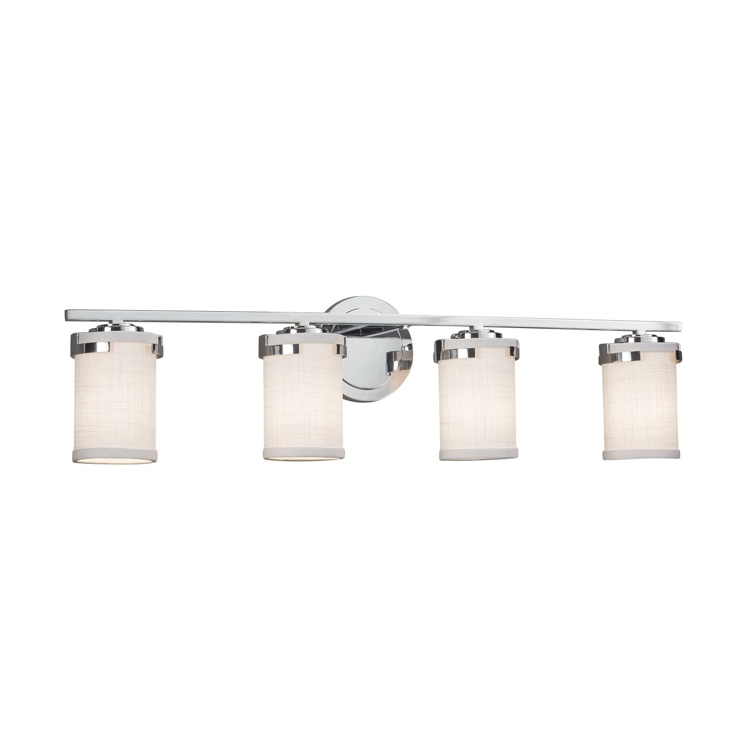 Justice Design Group Textile Atlas 4 Light Polished Chrome Bath Bar White Cylinder Flat Rim Shade
