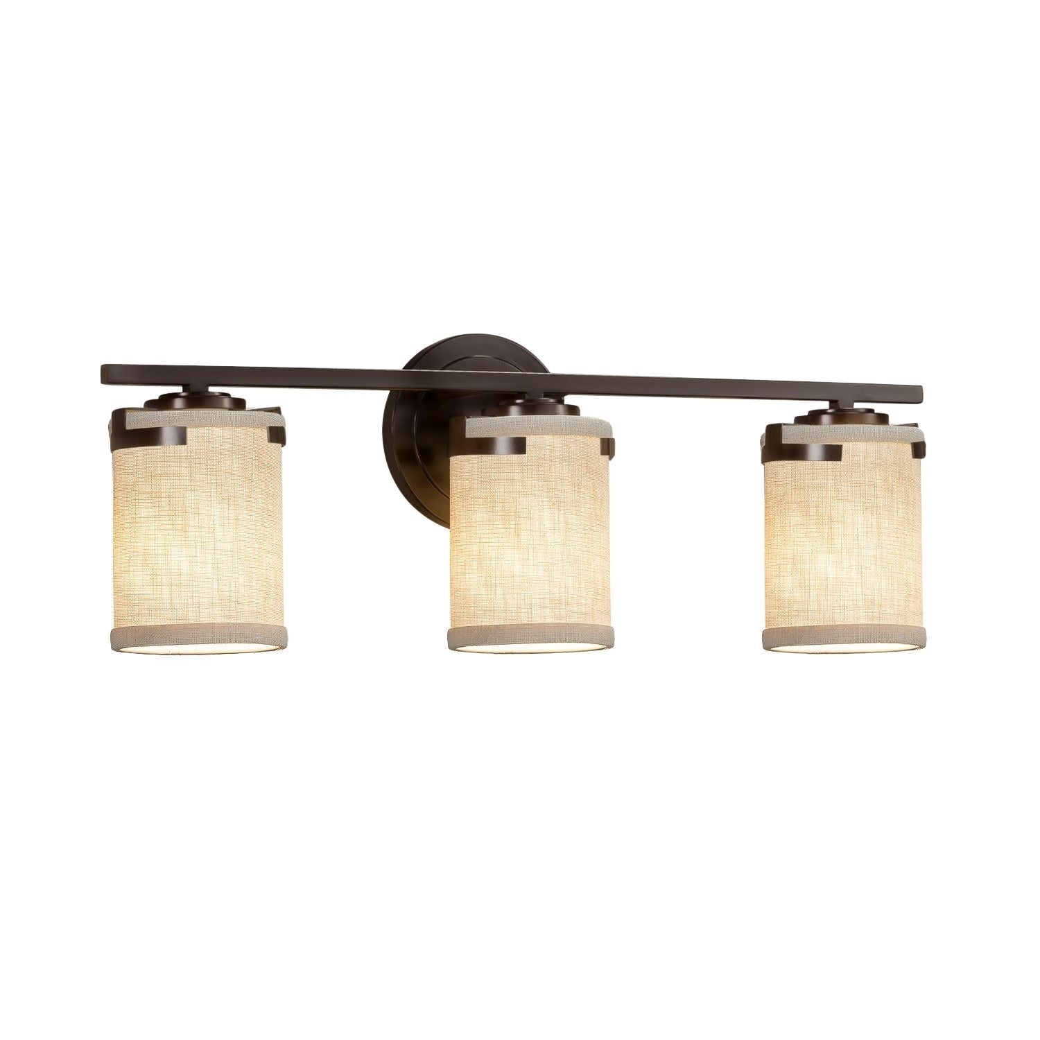 Justice Design Group Textile Atlas 3 Light Dark Bronze Bath Bar Cream Cylinder Flat Rim Shade