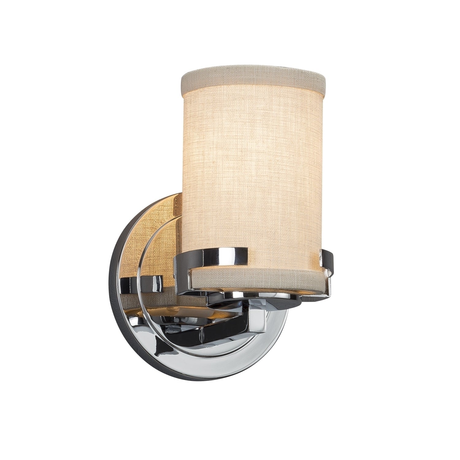 Justice Design Textile Atlas 1 Light Polished Chrome Wall Sconce Cream Cylinder Flat Rim Shade