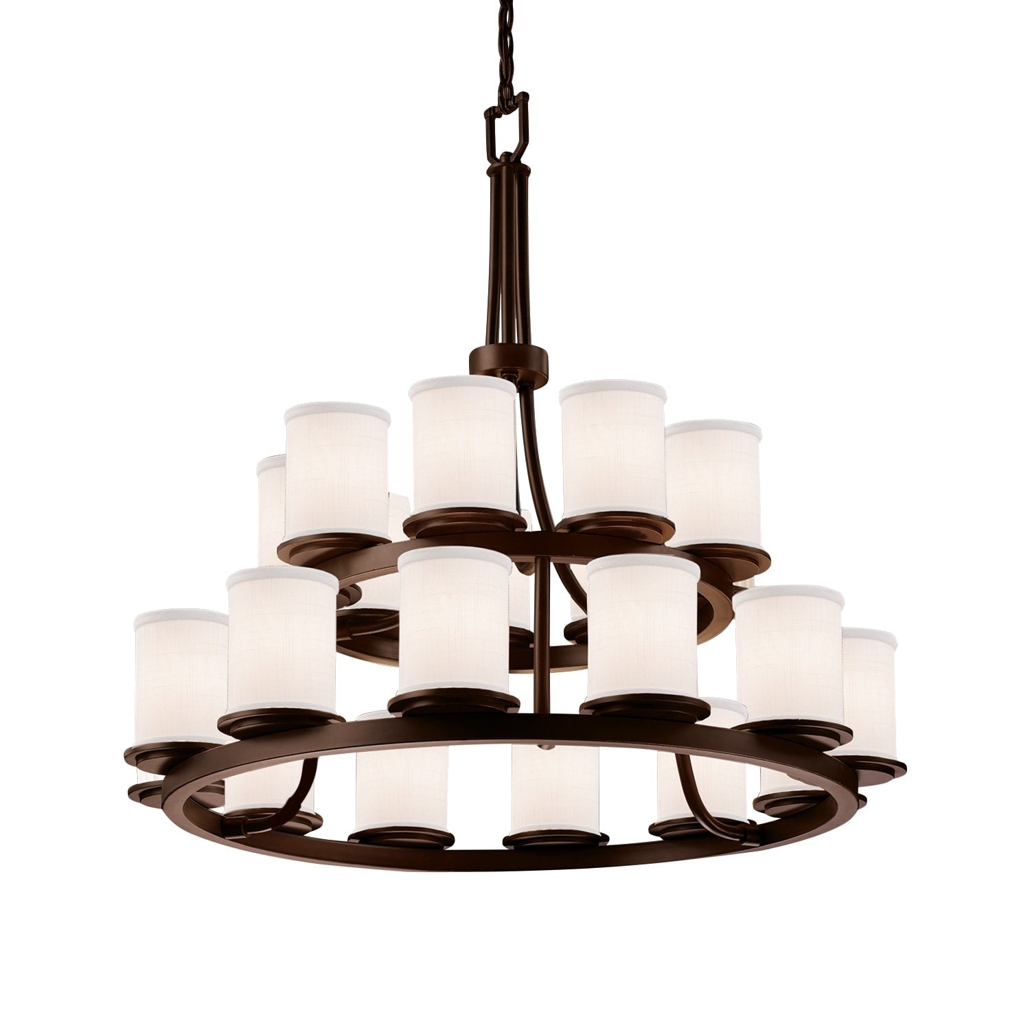 Justice Design Group Textile Dakota 21 Light Dark Bronze Chandelier White Cylinder Flat Rim Shade