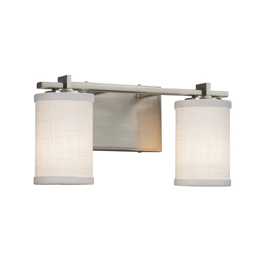 Justice Design Group Textile Era 2 Light Brushed Nickel Bath Bar White Cylinder Flat Rim Shade