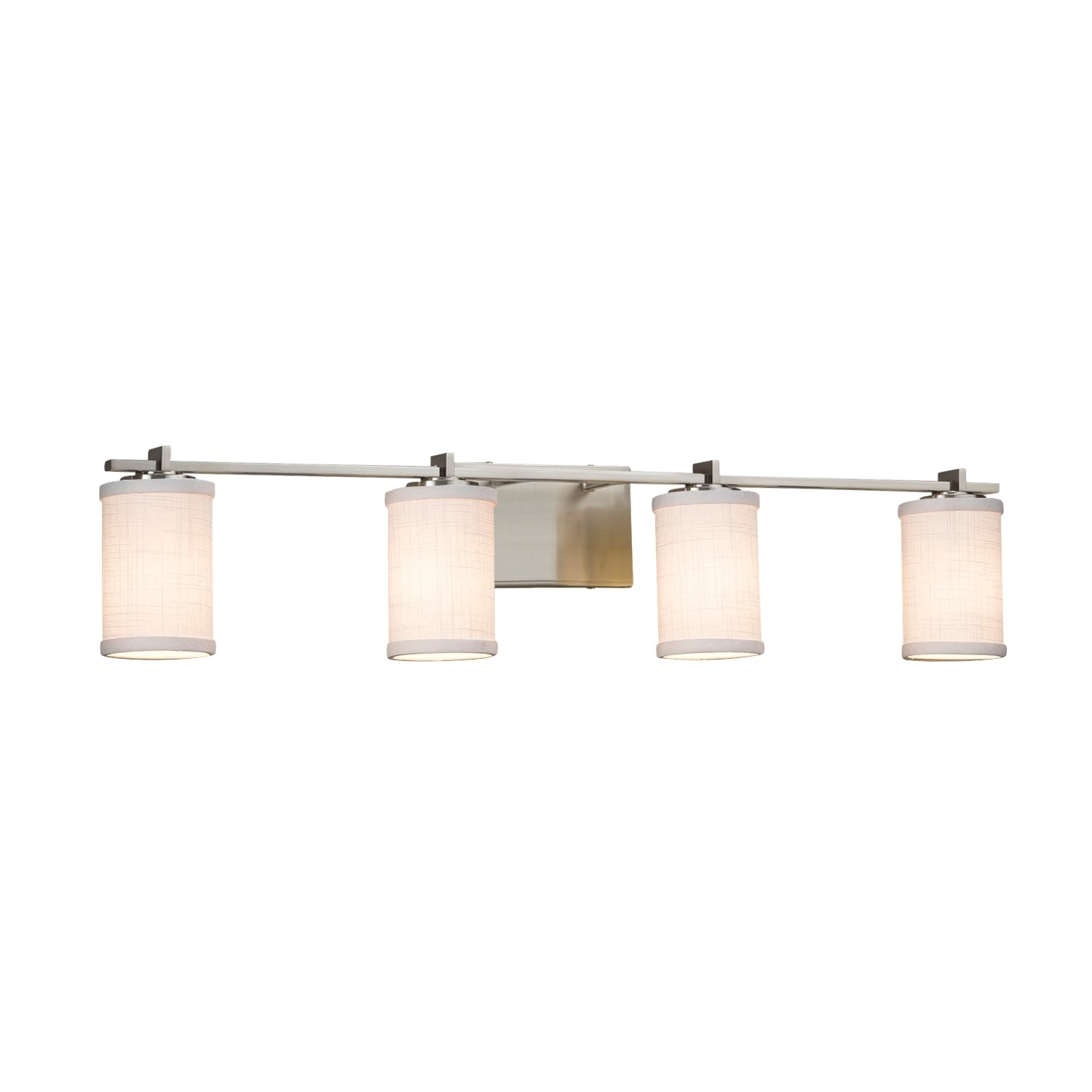 Justice Design Group Textile Era 4 Light Brushed Nickel Bath Bar White Cylinder Flat Rim Shade