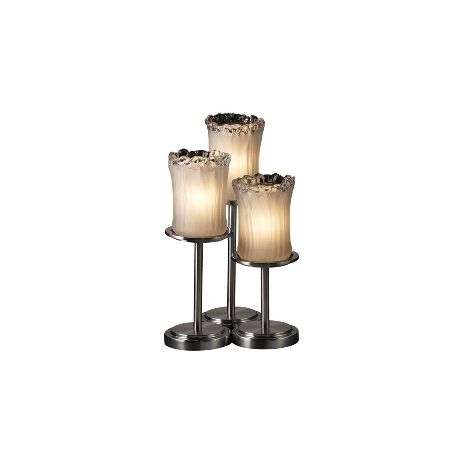 Justice Design Veneto Luce Dakota Brushed Nickel 3 Light Table Lamp White Frosted Cylinder With Rippled Rim Shade