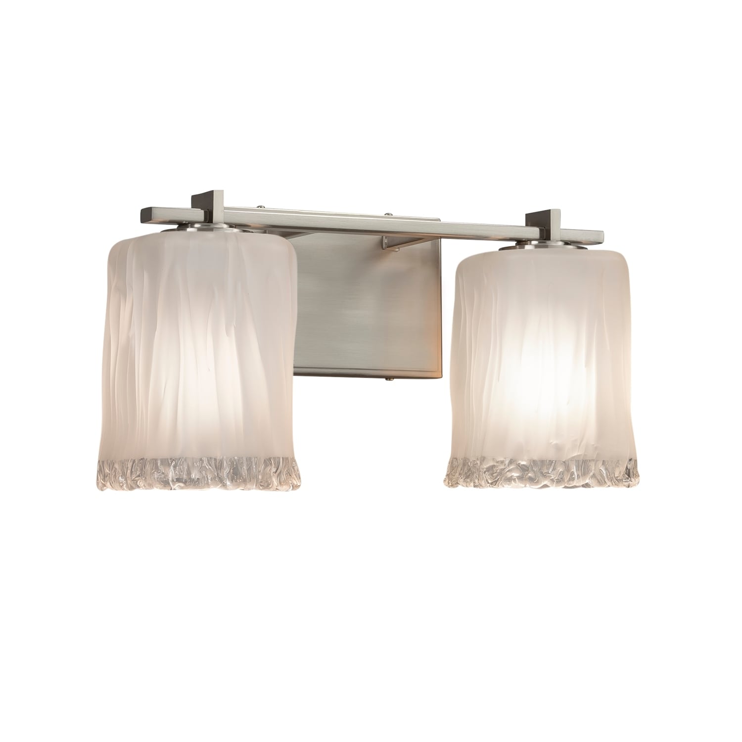 Justice Design Group Veneto Luce Era 2 Light Brushed Nickel Bath Bar White Frosted Square Rippled Rim Shade
