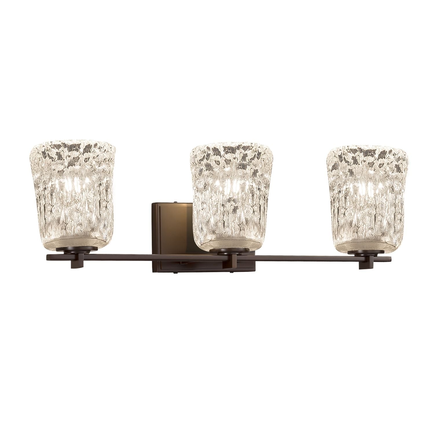 Justice Design Group Veneto Luce Era 3 Light Dark Bronze Bath Bar Clear Textured Cylinder Rippled Rim Shade
