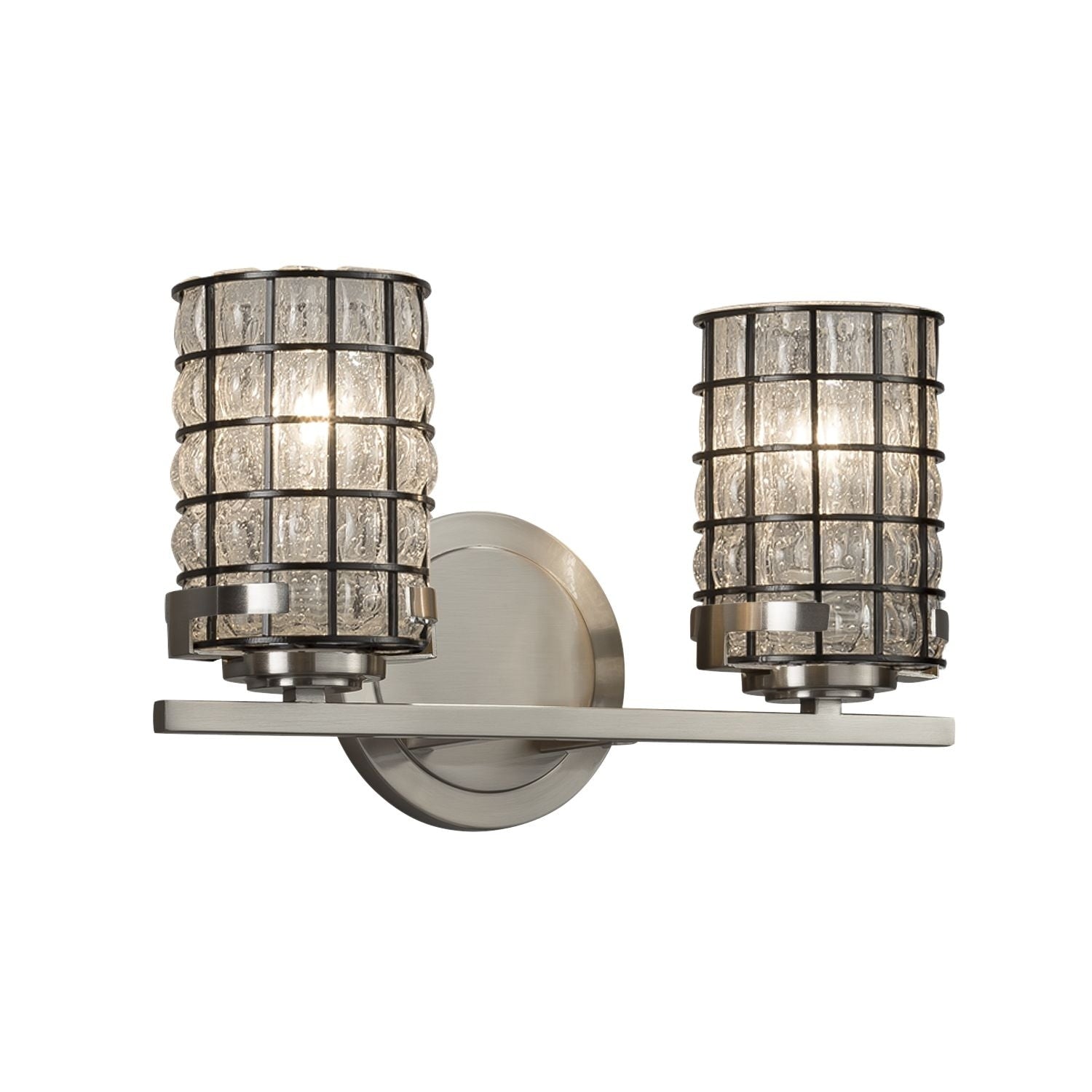 Justice Design Group Wire Glass Atlas 2 Light Brushed Nickel Bath Bar Grid With Clear Bubbles Cylinder Flat Rim Shade