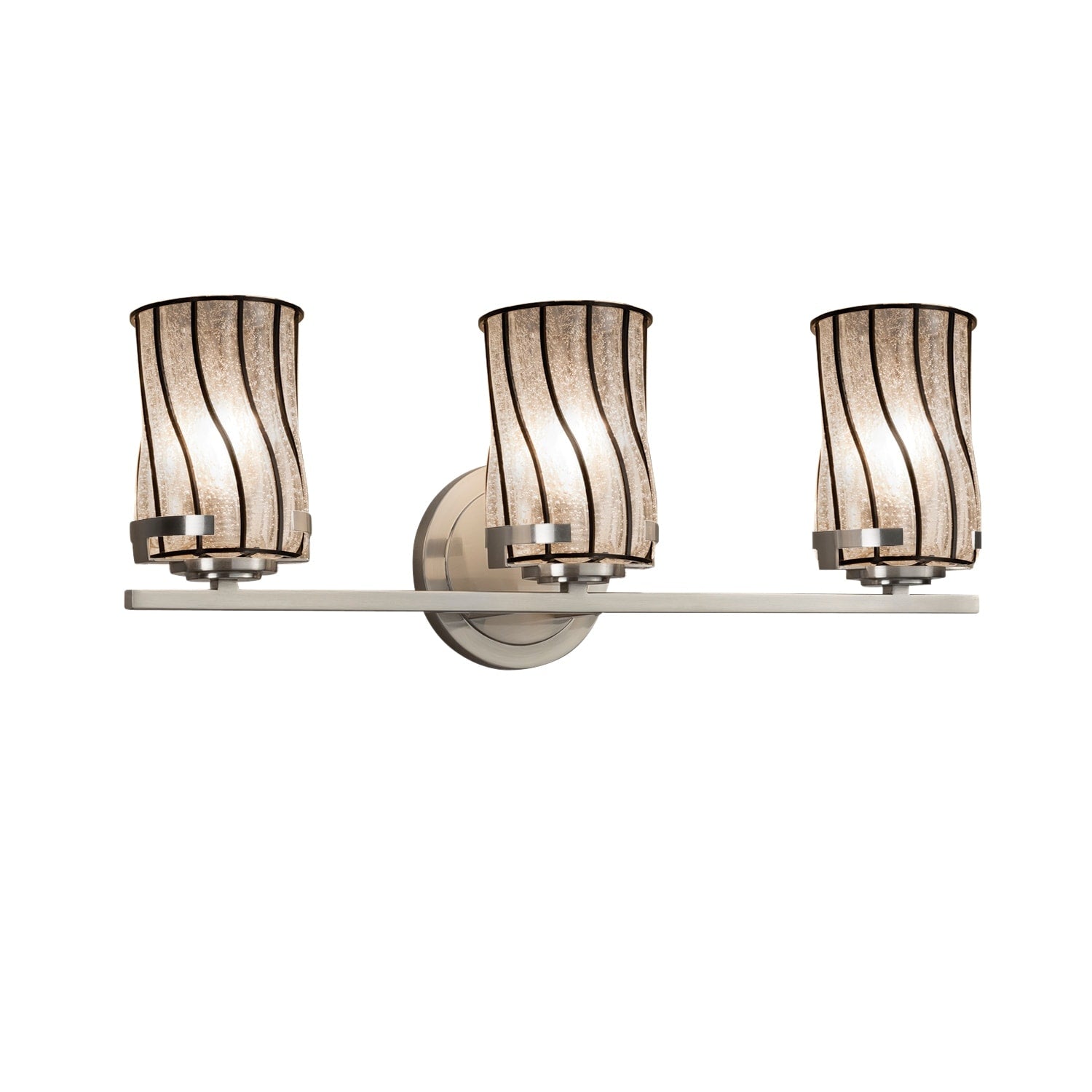 Justice Design Group Wire Glass Atlas 3 Light Brushed Nickel Bath Bar Swirl With Clear Bubbles Cylinder Flat Rim Shade