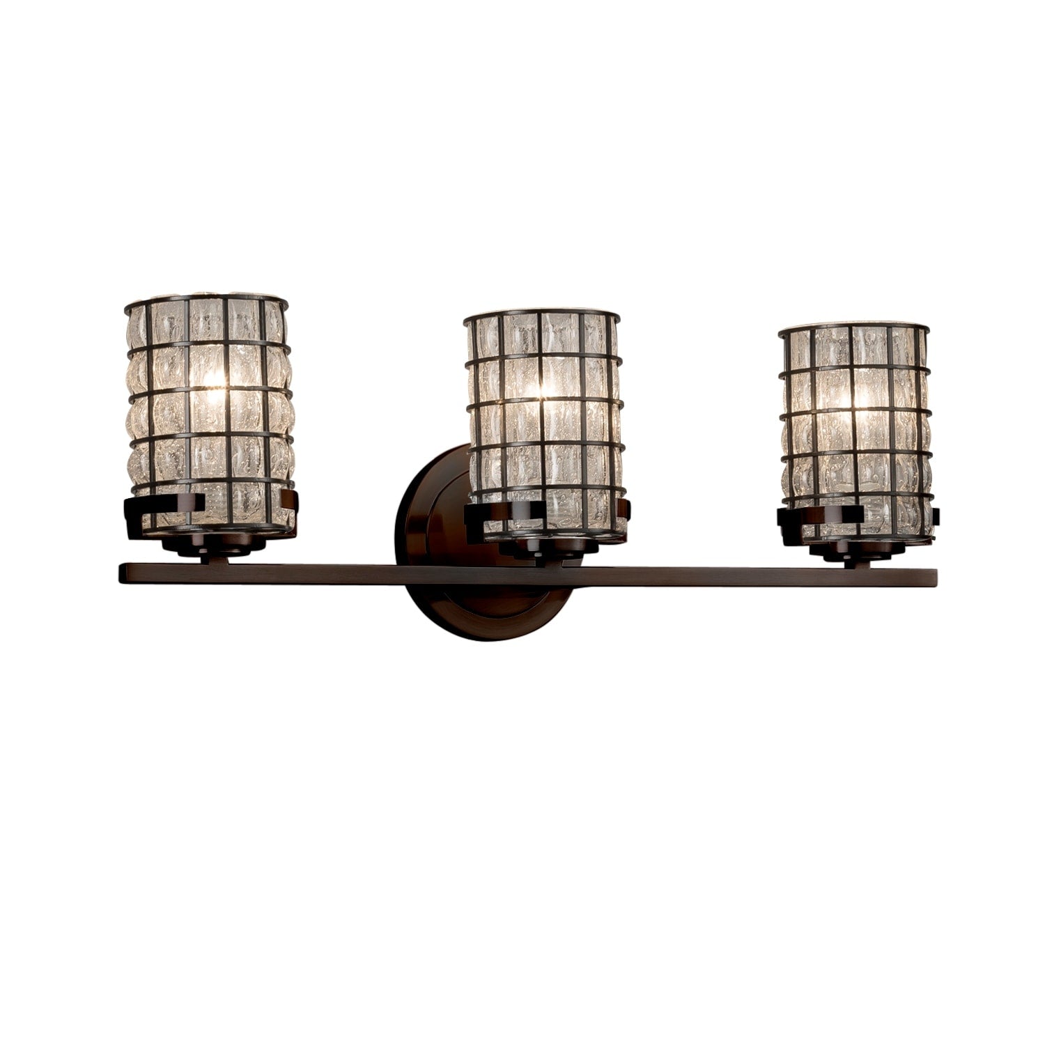 Justice Design Group Wire Glass Atlas 3 Light Dark Bronze Bath Bar Grid With Clear Bubbles Cylinder Flat Rim Shade