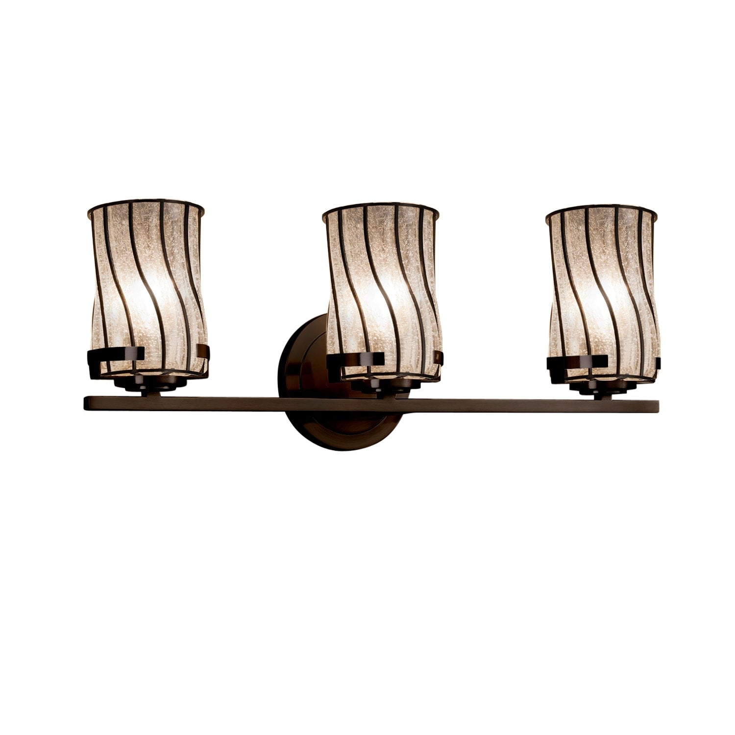 Justice Design Group Wire Glass Atlas 3 Light Dark Bronze Bath Bar Swirl With Clear Bubbles Cylinder Flat Rim Shade