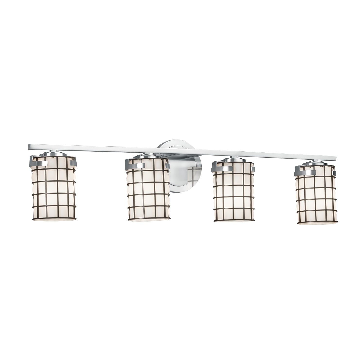 Justice Design Group Wire Glass Atlas 4 Light Polished Chrome Bath Bar Grid With Opal Cylinder Flat Rim Shade