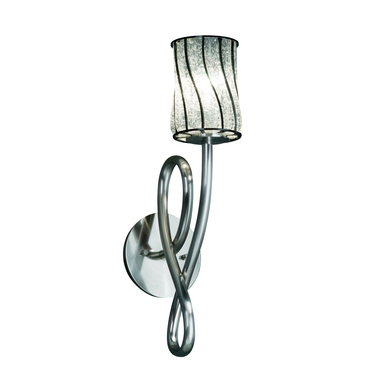 Justice Design Group Wire Glass Capellini 1 Light Brushed Nickel Wall Sconce Swirl With Clear Bubbles Cylinder Flat Rim Shade